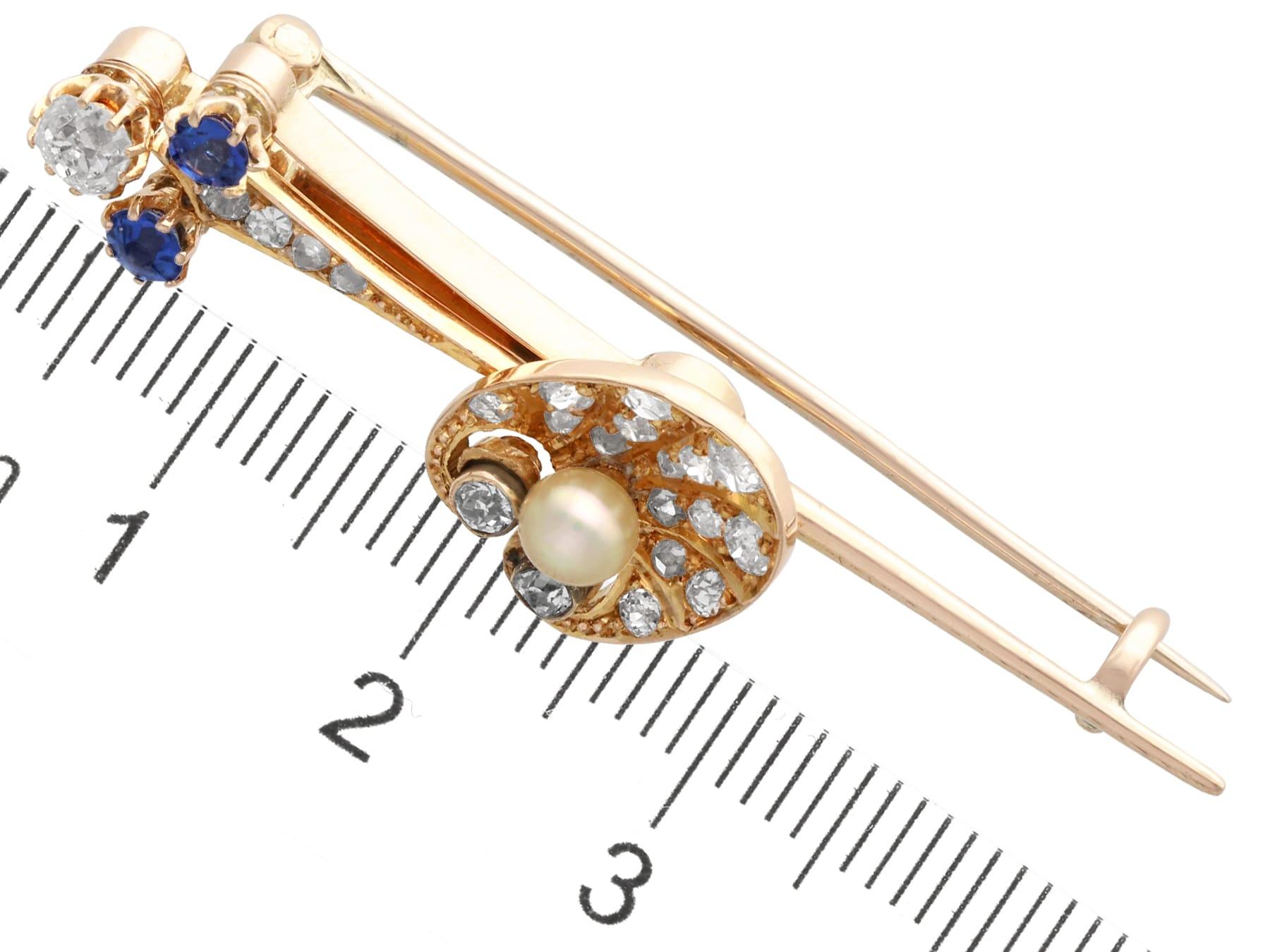 Antique Diamond, Sapphire, Pearl and 12k Yellow Gold Shell Bar Brooch Circa 1900 For Sale 2