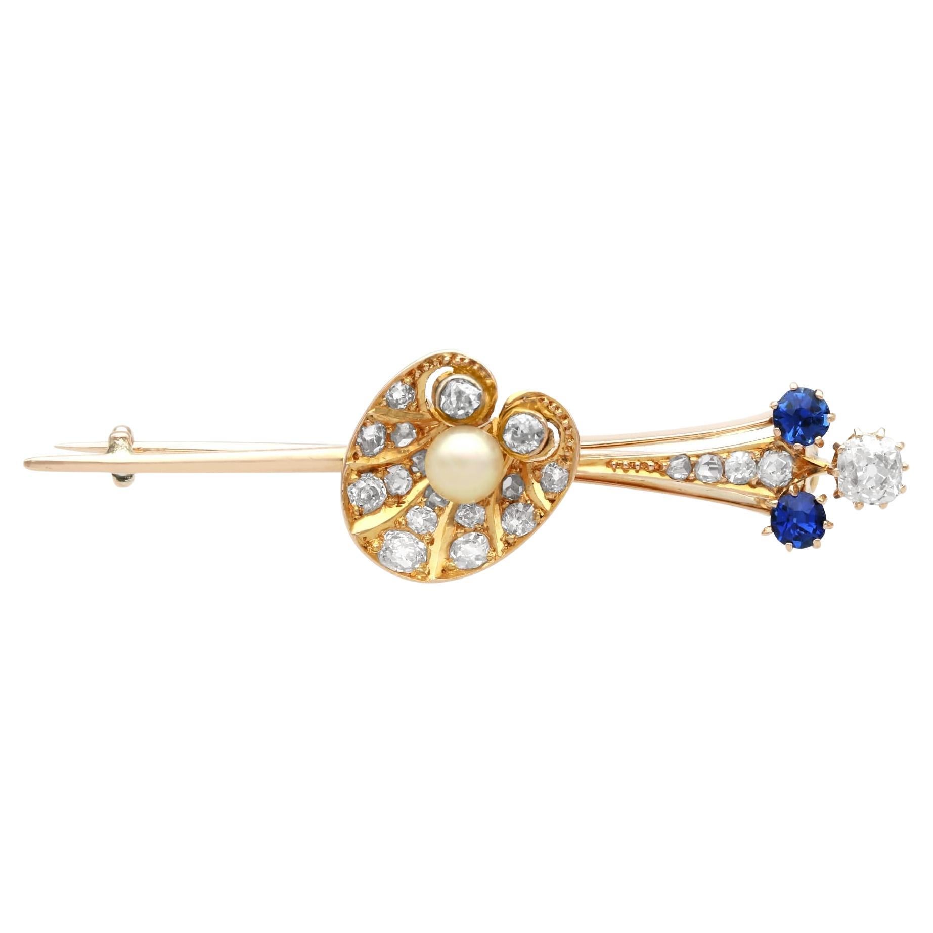 Antique Diamond, Sapphire, Pearl and 12k Yellow Gold Shell Bar Brooch Circa 1900 For Sale