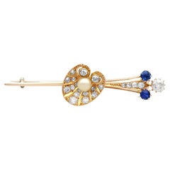 Antique Diamond, Sapphire, Pearl and 12k Yellow Gold Shell Bar Brooch Circa 1900