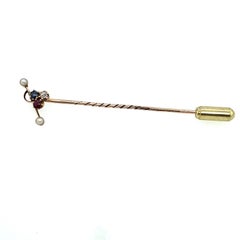 Antique Diamond Sapphire Pearl Stick Pin in 15ct Yellow Gold