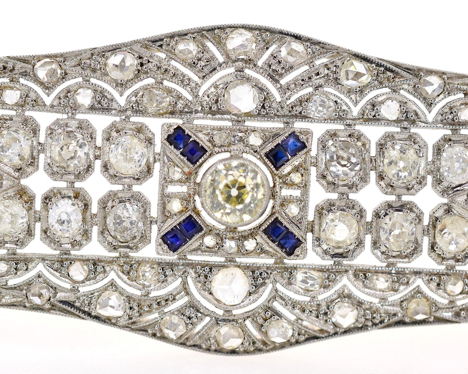 Art Deco Antique Diamond and Sapphire Platinum Brooch For Sale