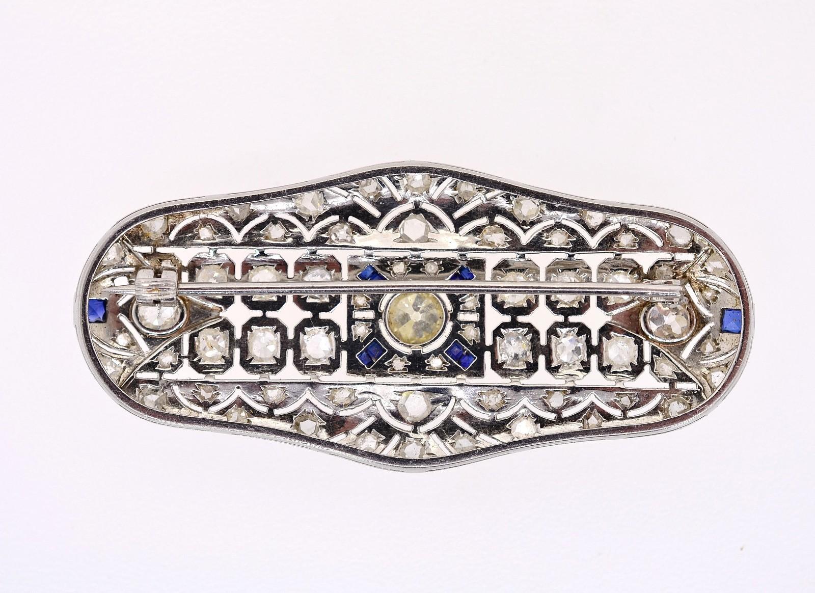 Old European Cut Antique Diamond and Sapphire Platinum Brooch For Sale