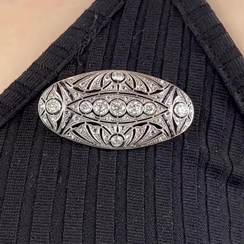 Antique Old European Cut Diamonds Sapphire Platinum Brooch In Excellent Condition In Beverly Hills, CA