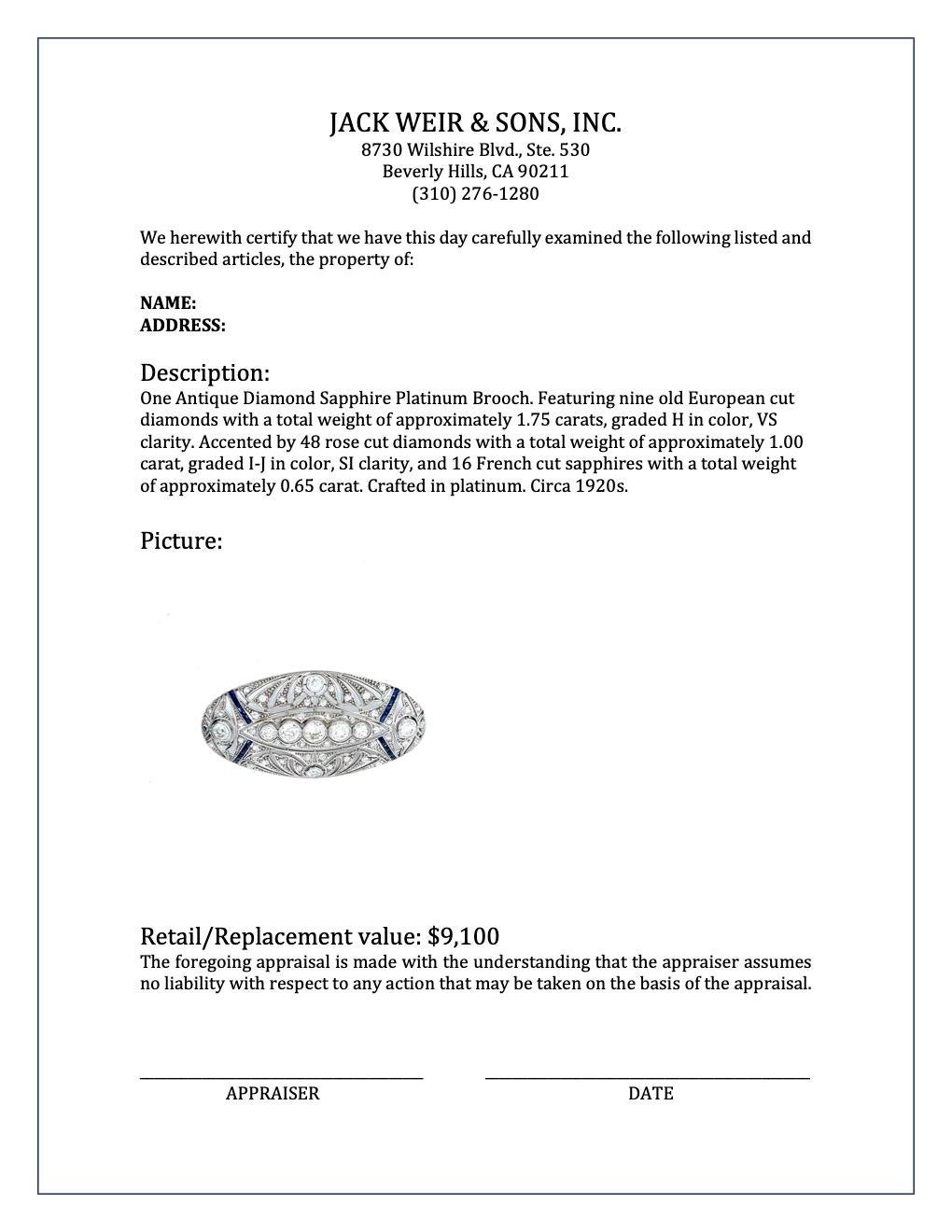 Women's or Men's Antique Old European Cut Diamonds Sapphire Platinum Brooch