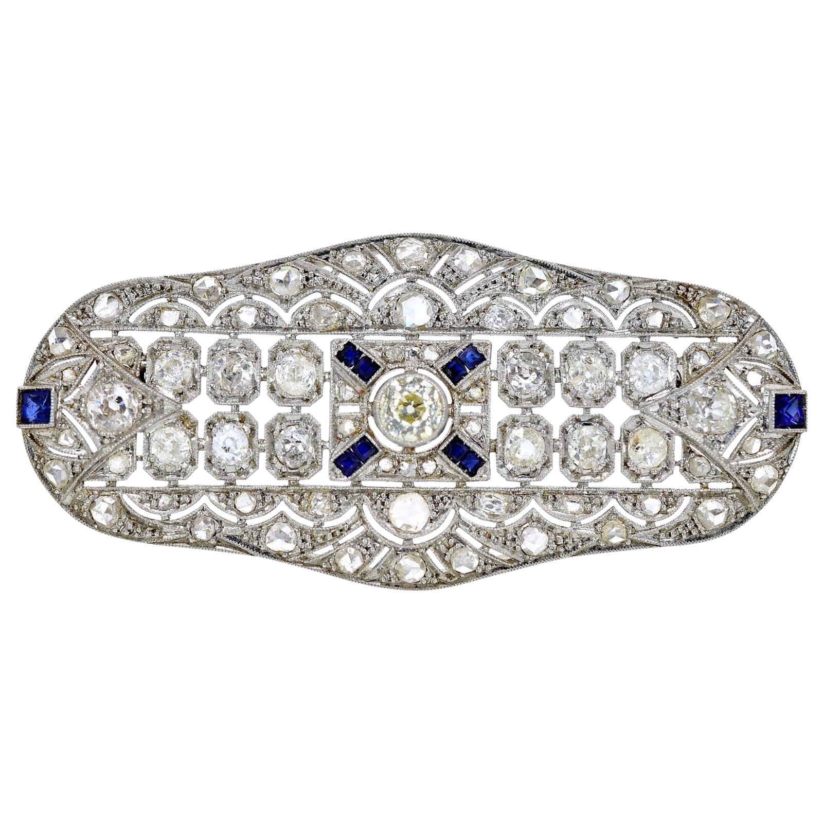 Antique Diamond and Sapphire Platinum Brooch For Sale