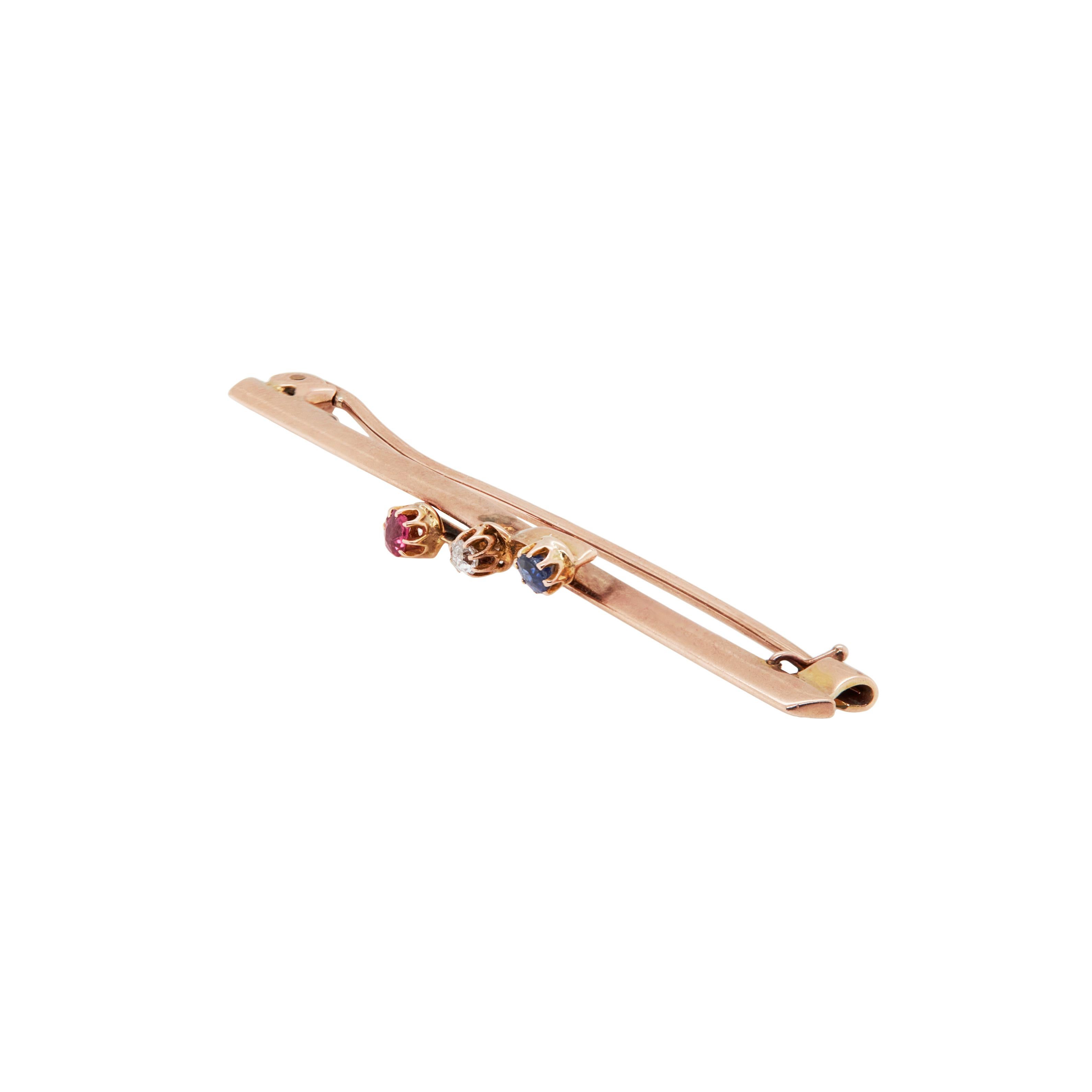 Edwardian Antique Diamond, Sapphire & Ruby 9 Carat Rose Gold Bar Brooch, c.1910 For Sale