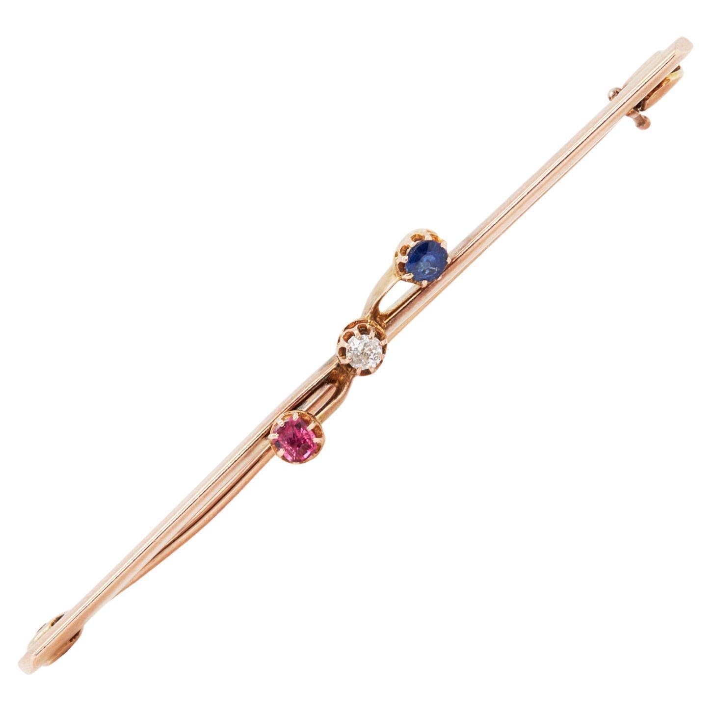 Antique Diamond, Sapphire & Ruby 9 Carat Rose Gold Bar Brooch, c.1910
