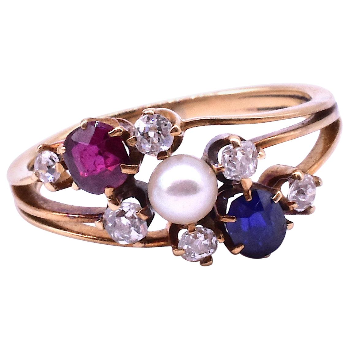 Antique Diamond Sapphire, Ruby and Pearl Triple Band Ring For Sale