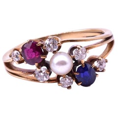 Antique Diamond Sapphire, Ruby and Pearl Triple Band Ring