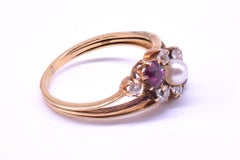 Antique Diamond Sapphire, Ruby and Pearl Triple Band Ring