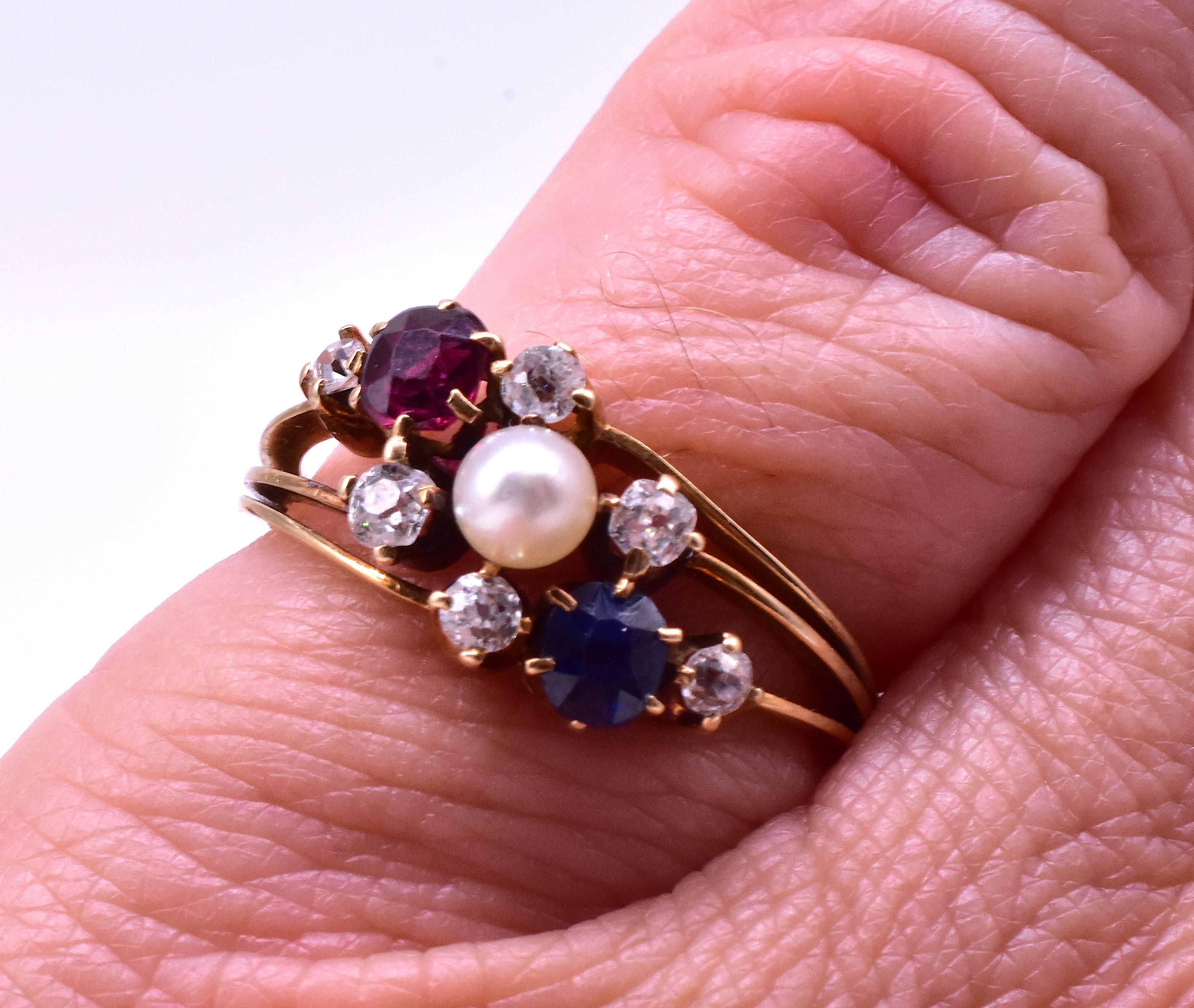 Antiker antiker dreireihiger Diamant-Saphir-, Rubin- und Perlenring für Damen oder Herren
