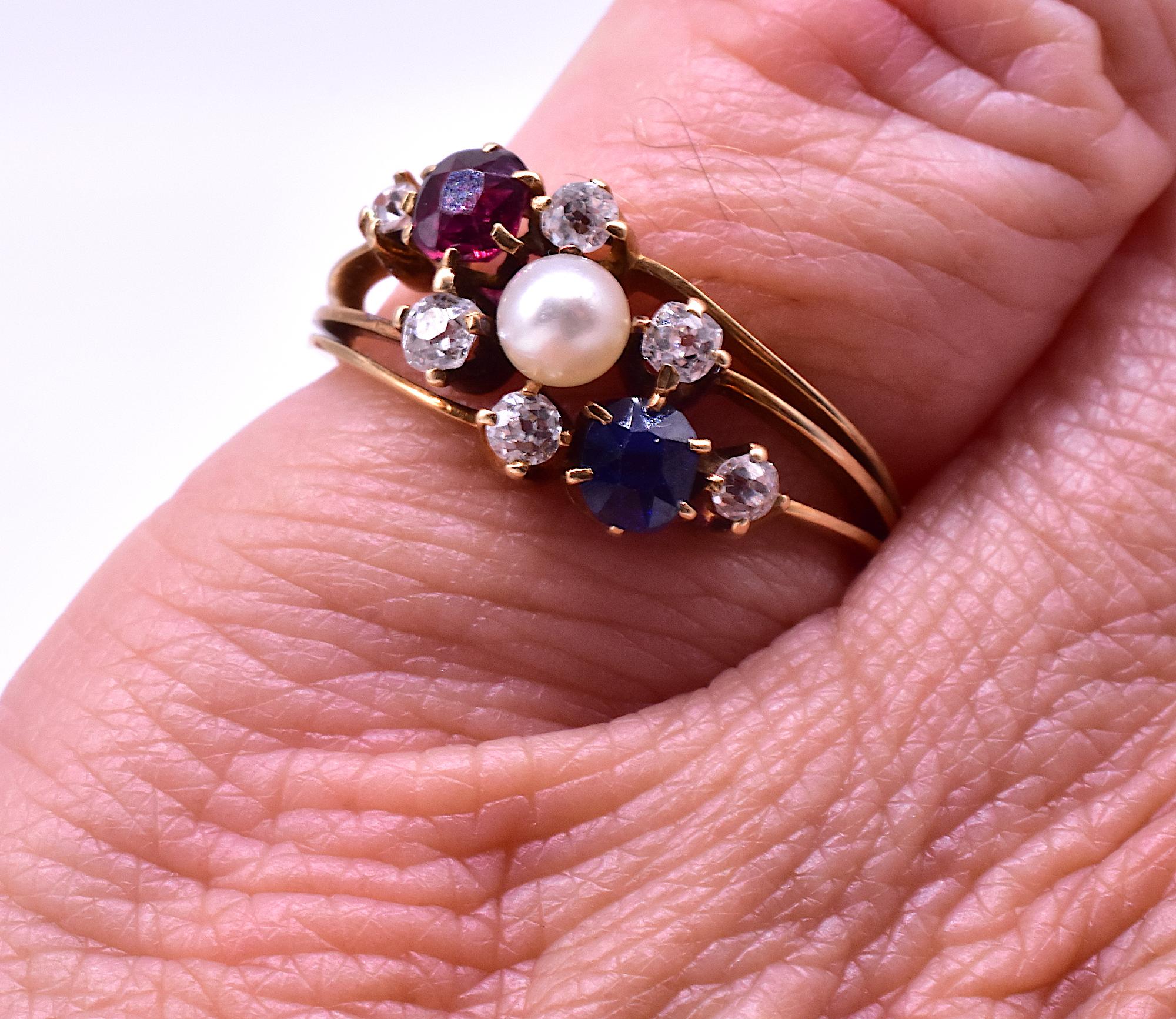 Antiker antiker dreireihiger Diamant-Saphir-, Rubin- und Perlenring 2