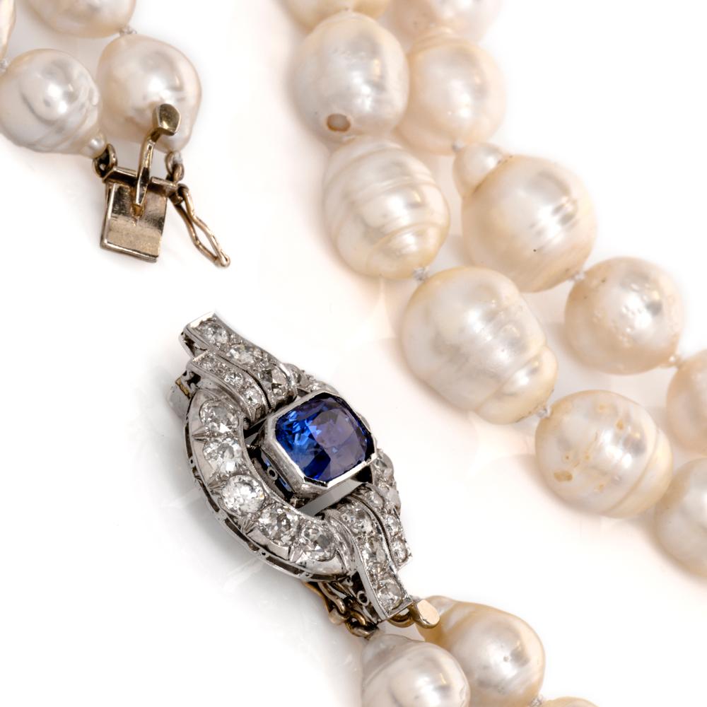 Antique Diamond Sapphire South Sea Pearl Strand Pendant Necklace In Excellent Condition In Miami, FL