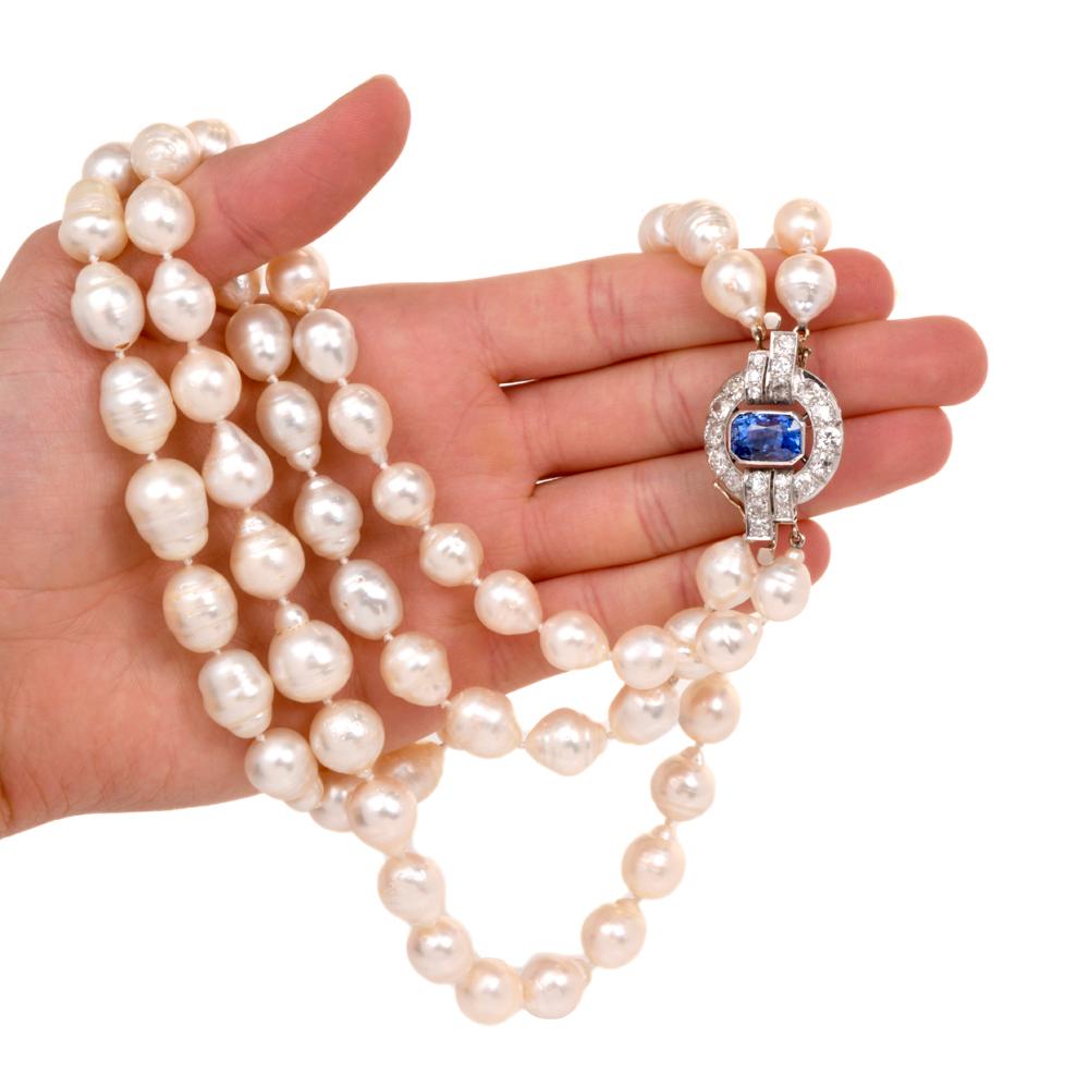 Antique Diamond Sapphire South Sea Pearl Strand Pendant Necklace 1