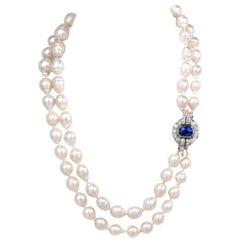 Antique Diamond Sapphire South Sea Pearl Strand Pendant Necklace