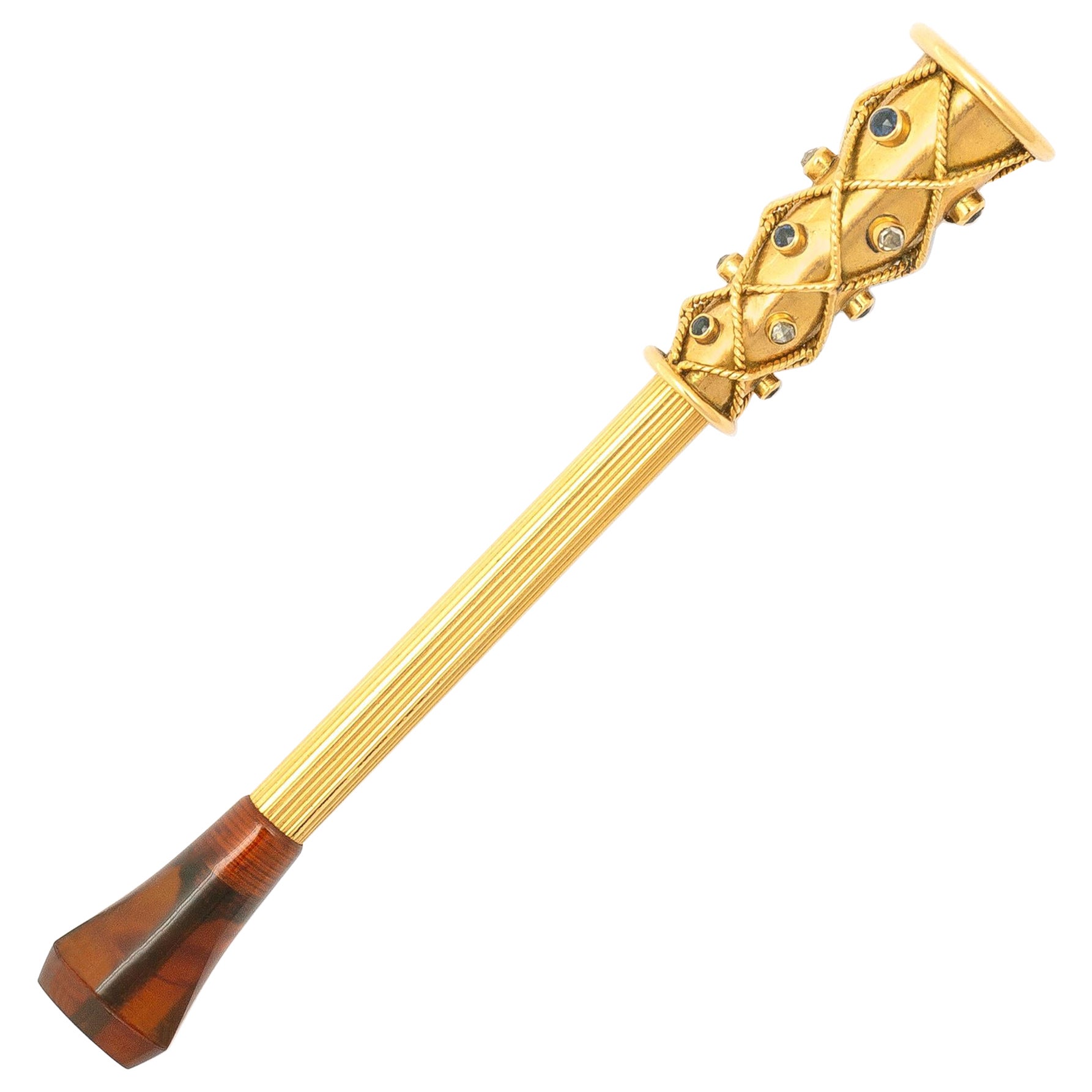 Antique Diamond Sapphire Yellow Gold 18k Cigarette Holder