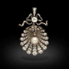 Antique Diamond Scallop Shell Pendant With Natural Saltwater Pearl Circa 1880