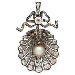 Antiker Diamant-Muschel-Anhänger mit natürlicher Salzwasserperle CIRCA 1880