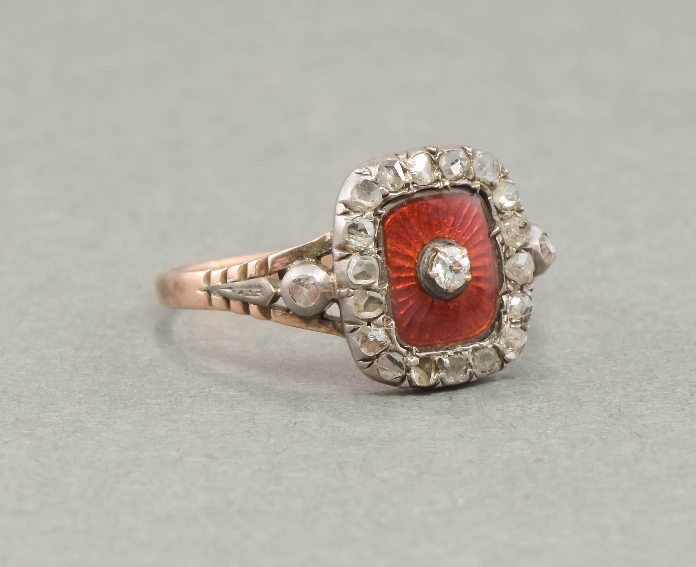 I’m happy to offer this charm filled antique diamond and enamel ring that also comes with wonderful provenance.  I believe this piece is more suited for special event/occasional wear due to its age and delicacy.

Crafted of silver and rose gold that
