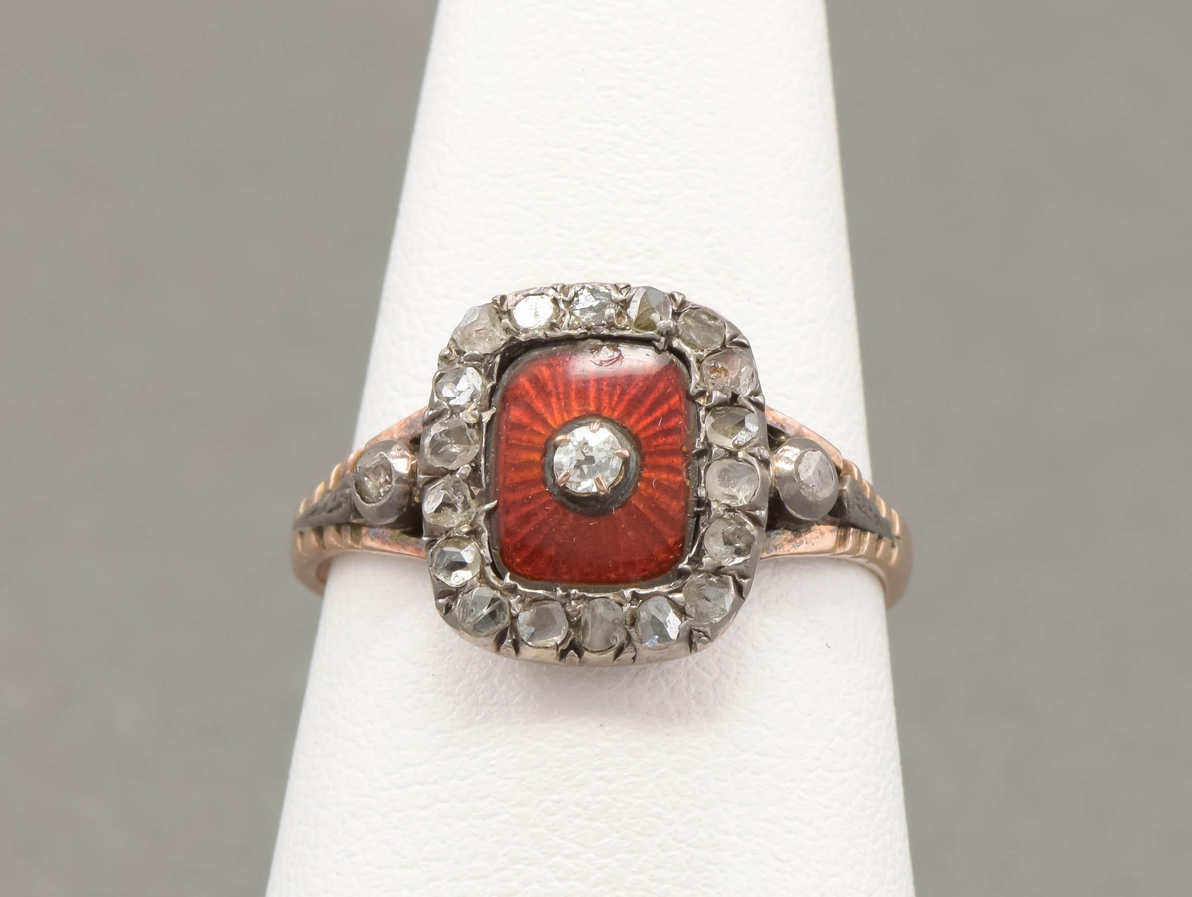 Antique Diamond & Scarlet Guilloche Enamel Ring with Provenance For Sale 1