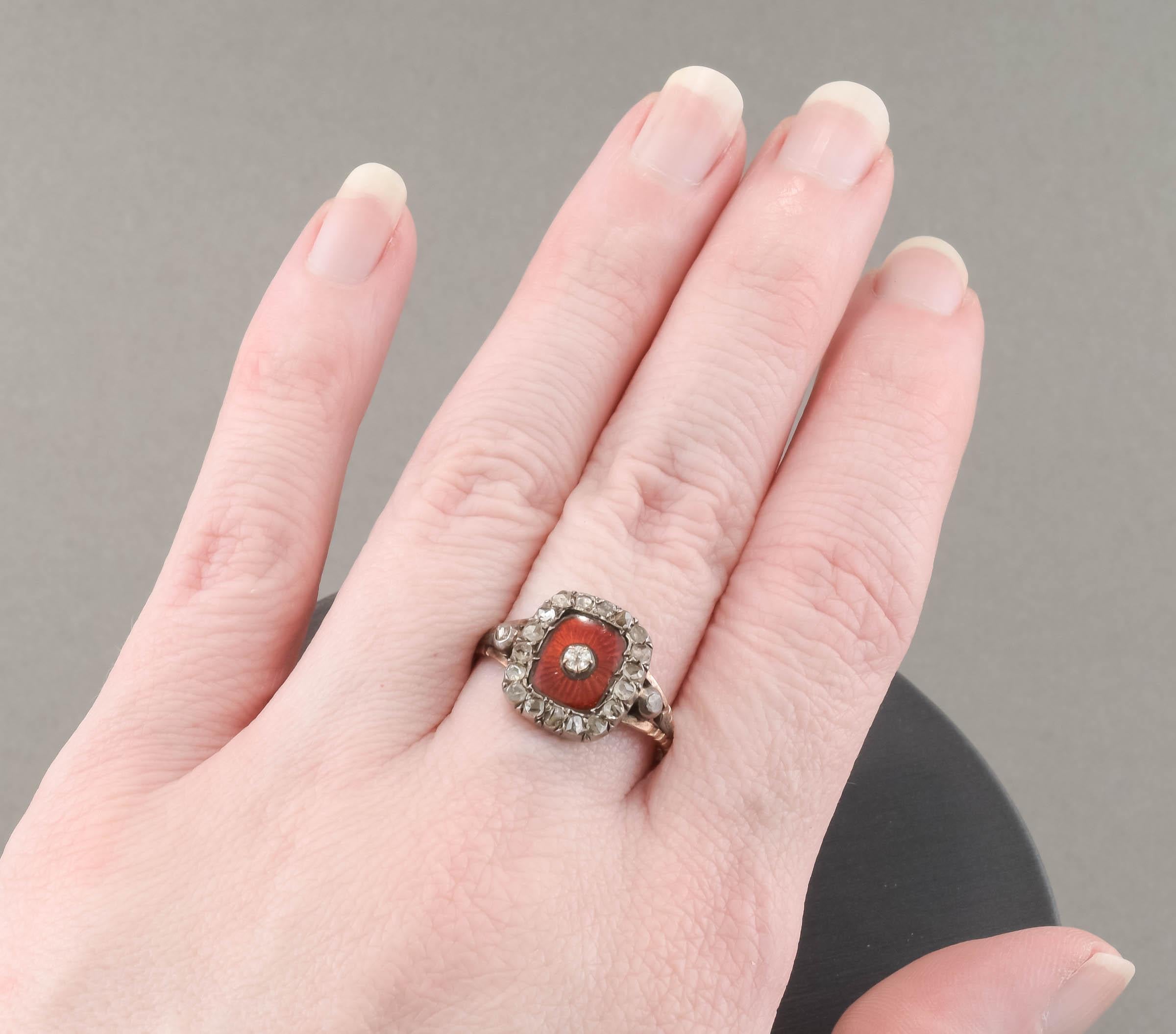 Antique Diamond & Scarlet Guilloche Enamel Ring with Provenance For Sale 2