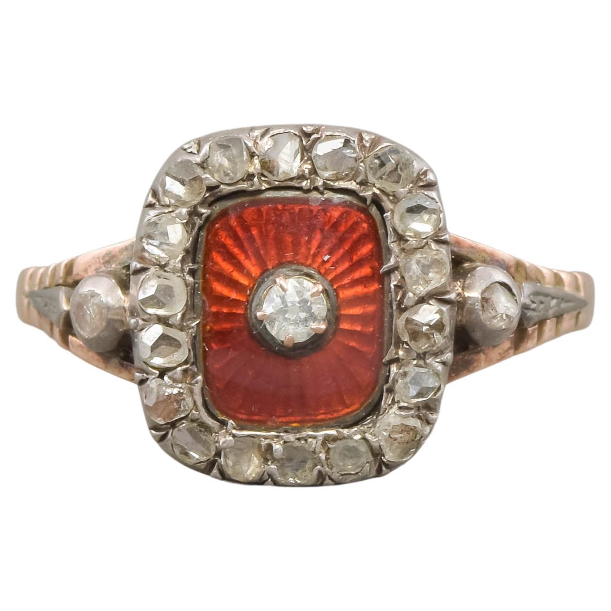 Antique Diamond & Scarlet Guilloche Enamel Ring with Provenance For Sale