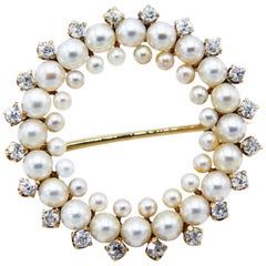 Antique Diamond Seed Pearl and Diamond Wreath Pin Brooch 14 Karat Yellow Gold