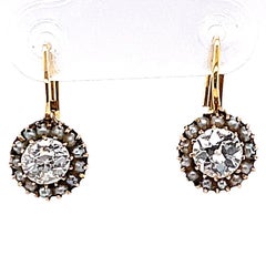 Antique Diamond Seed Pearl Gold Cluster Drop Earrings