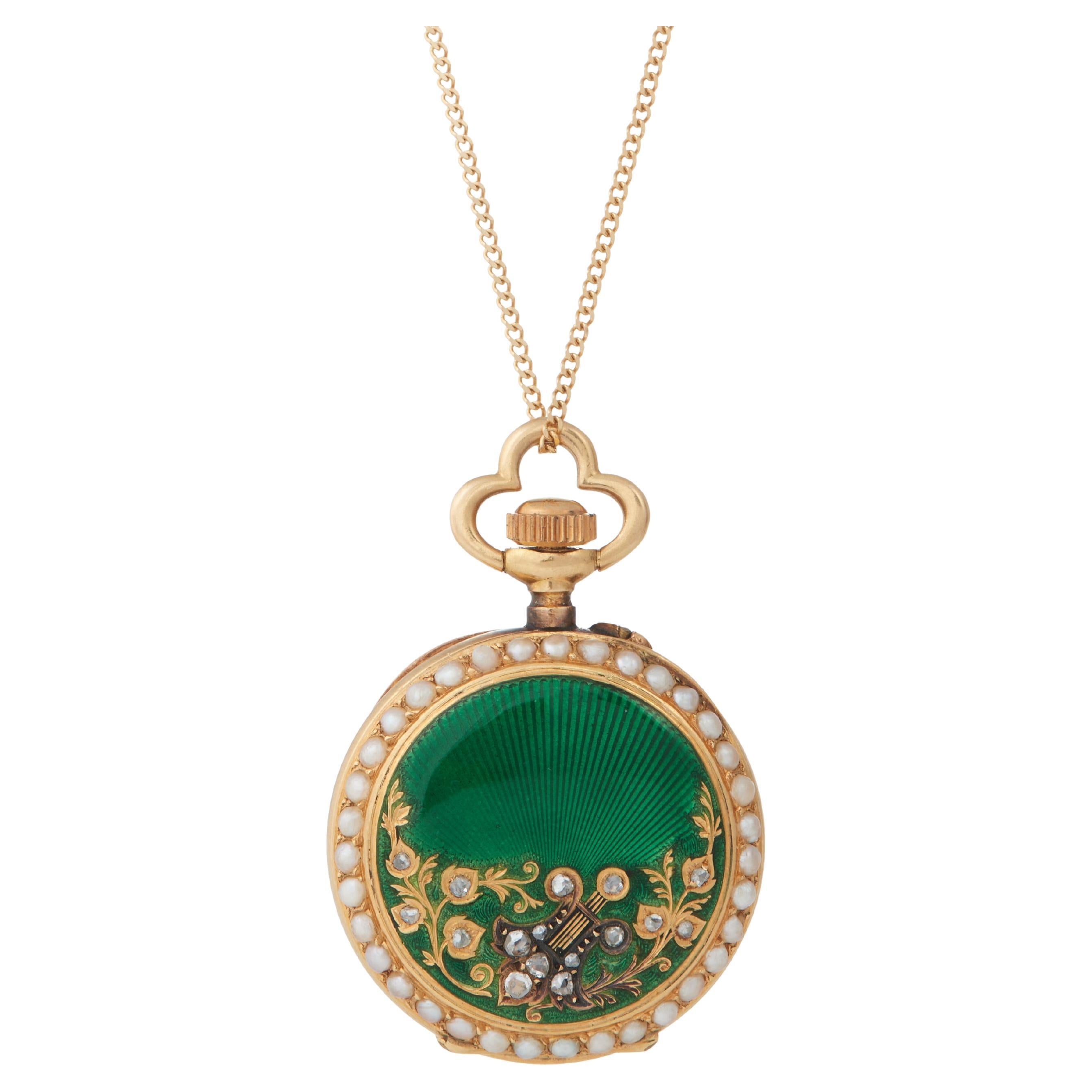 Antique Diamond, Seed Pearl, Guilloche Enamel, and 18K Gold Pocket Watch For Sale