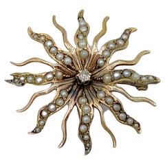 Antique Diamond Seed Pearl Victorian Sunburst Gold Convertible Pin Pendant
