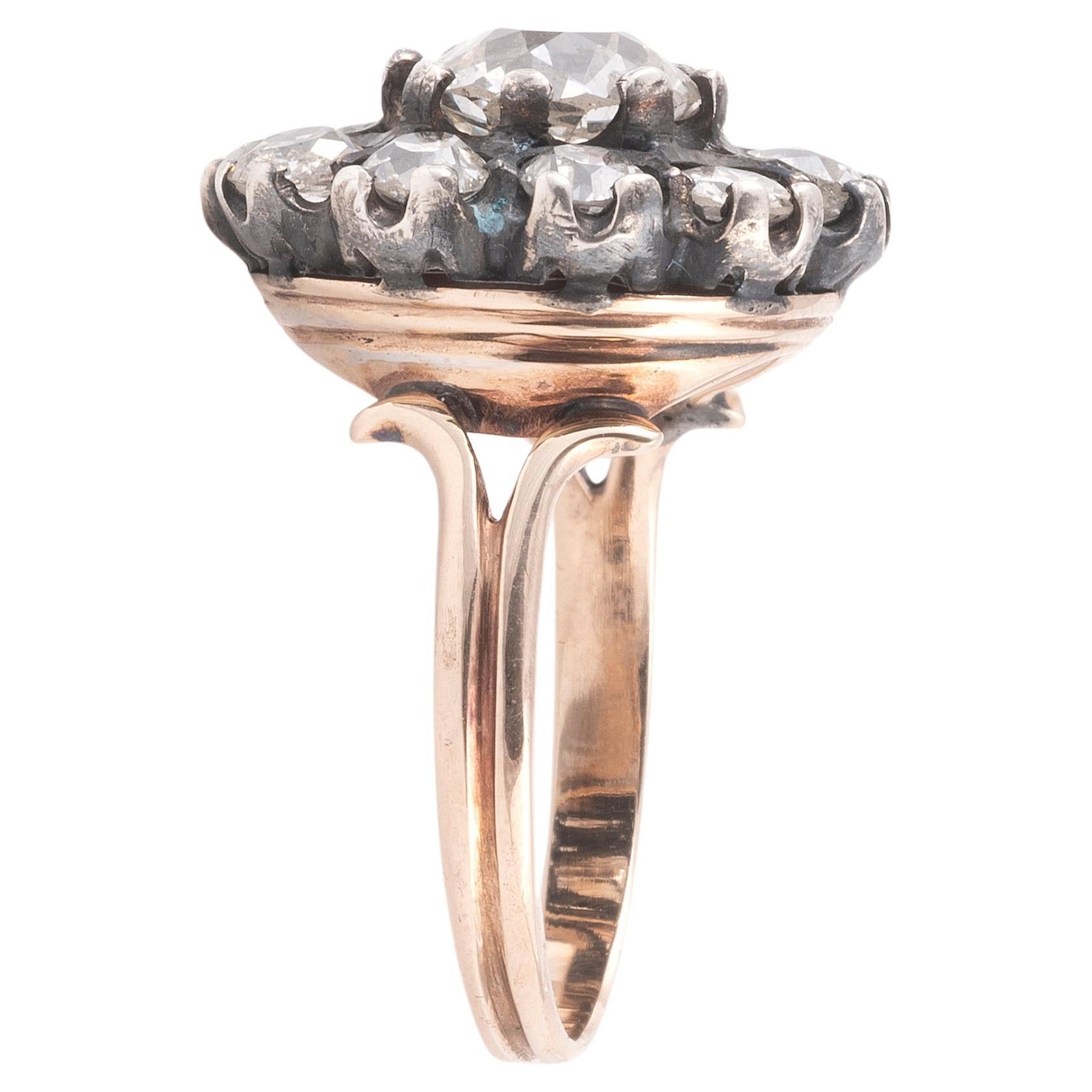 Old European Cut Antique Diamond Set Cluster Floral Ring For Sale