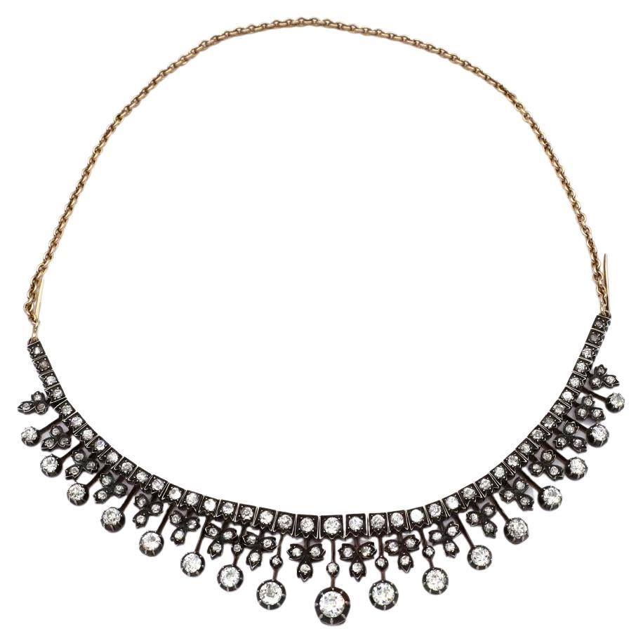 Antique Diamond Set Fringe Necklace in Silver and 18kt Yellow Gold