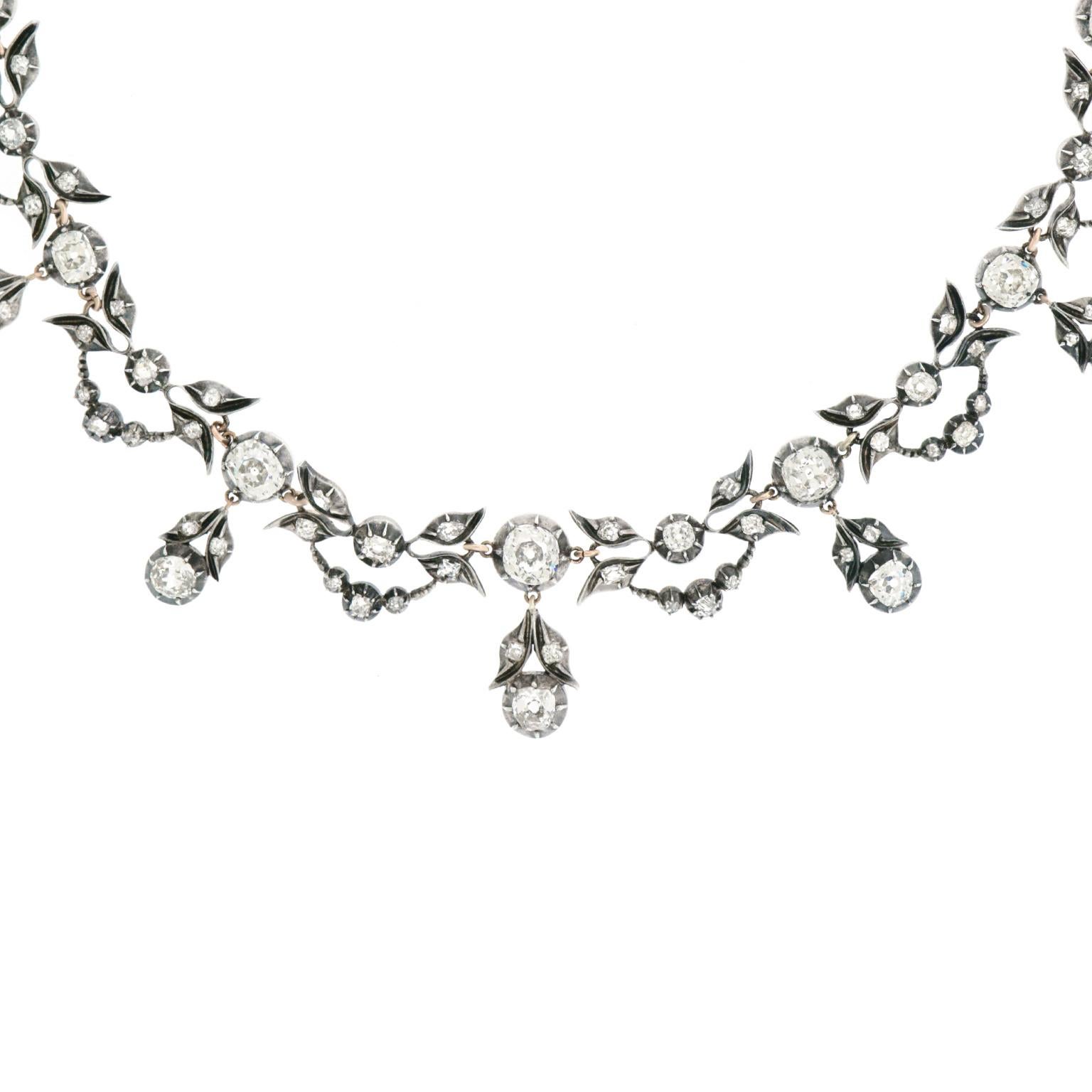 Rococo Antique Diamond Set Silver over Gold Necklace