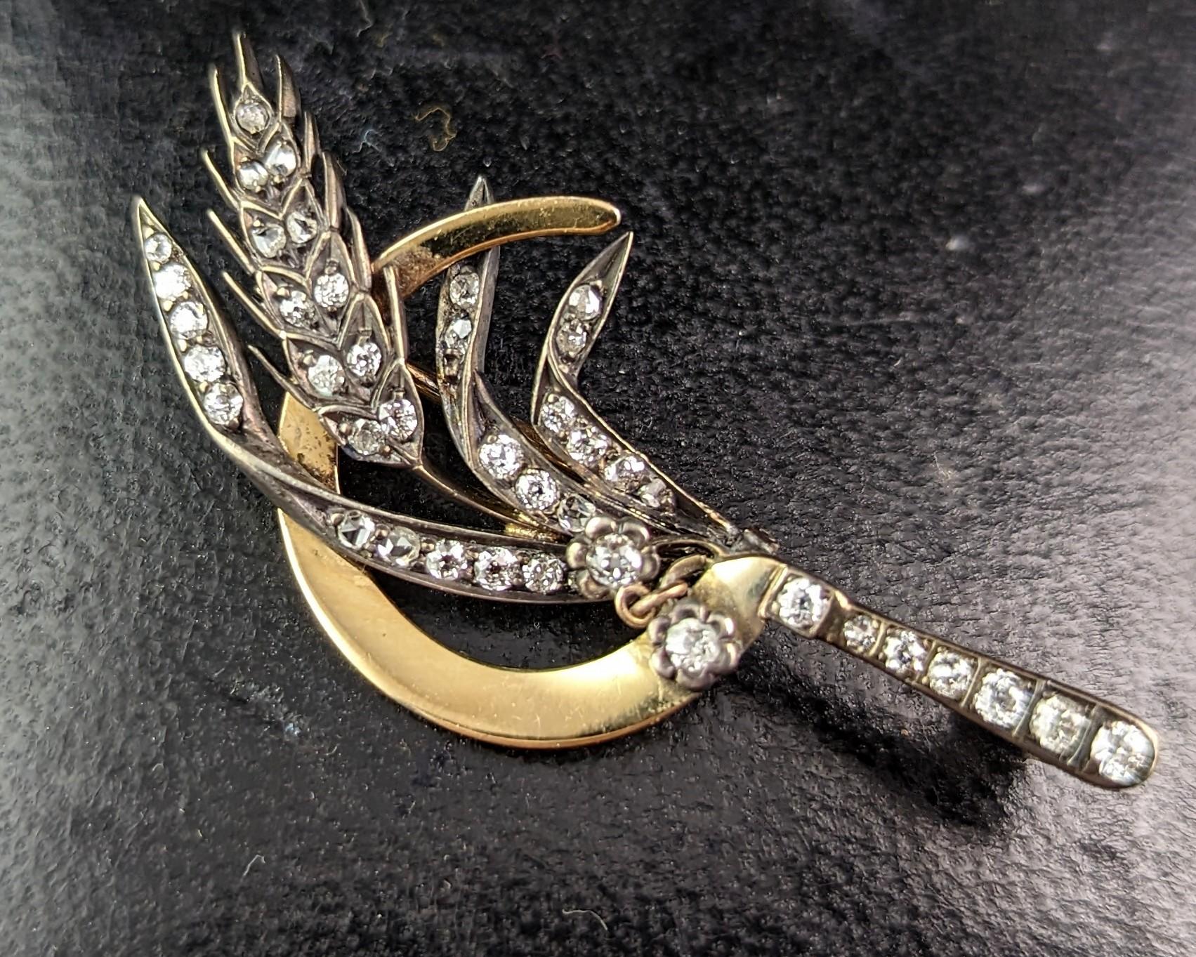 Antique Diamond Sickle and Wheat brooch, 9k gold and silver, Victorian  For Sale 2