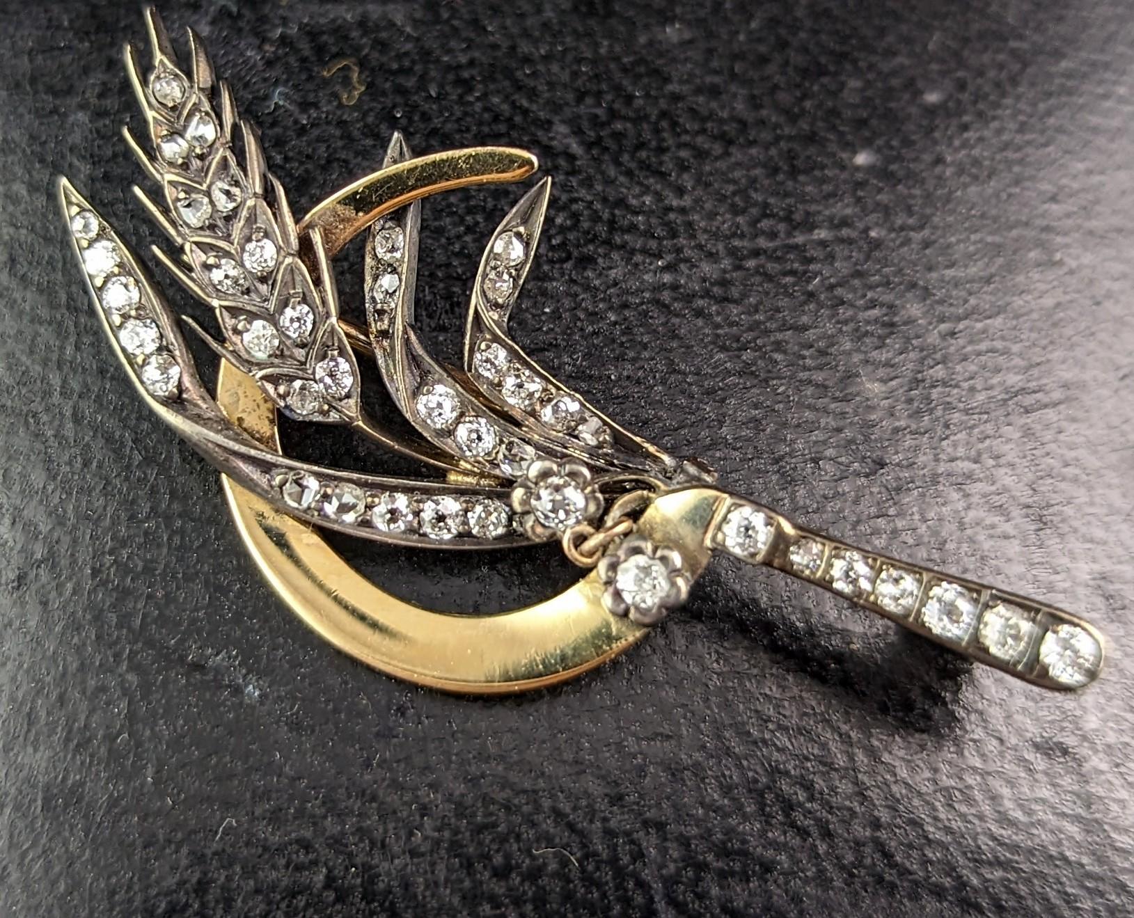Antique Diamond Sickle and Wheat brooch, 9k gold and silver, Victorian  For Sale 3