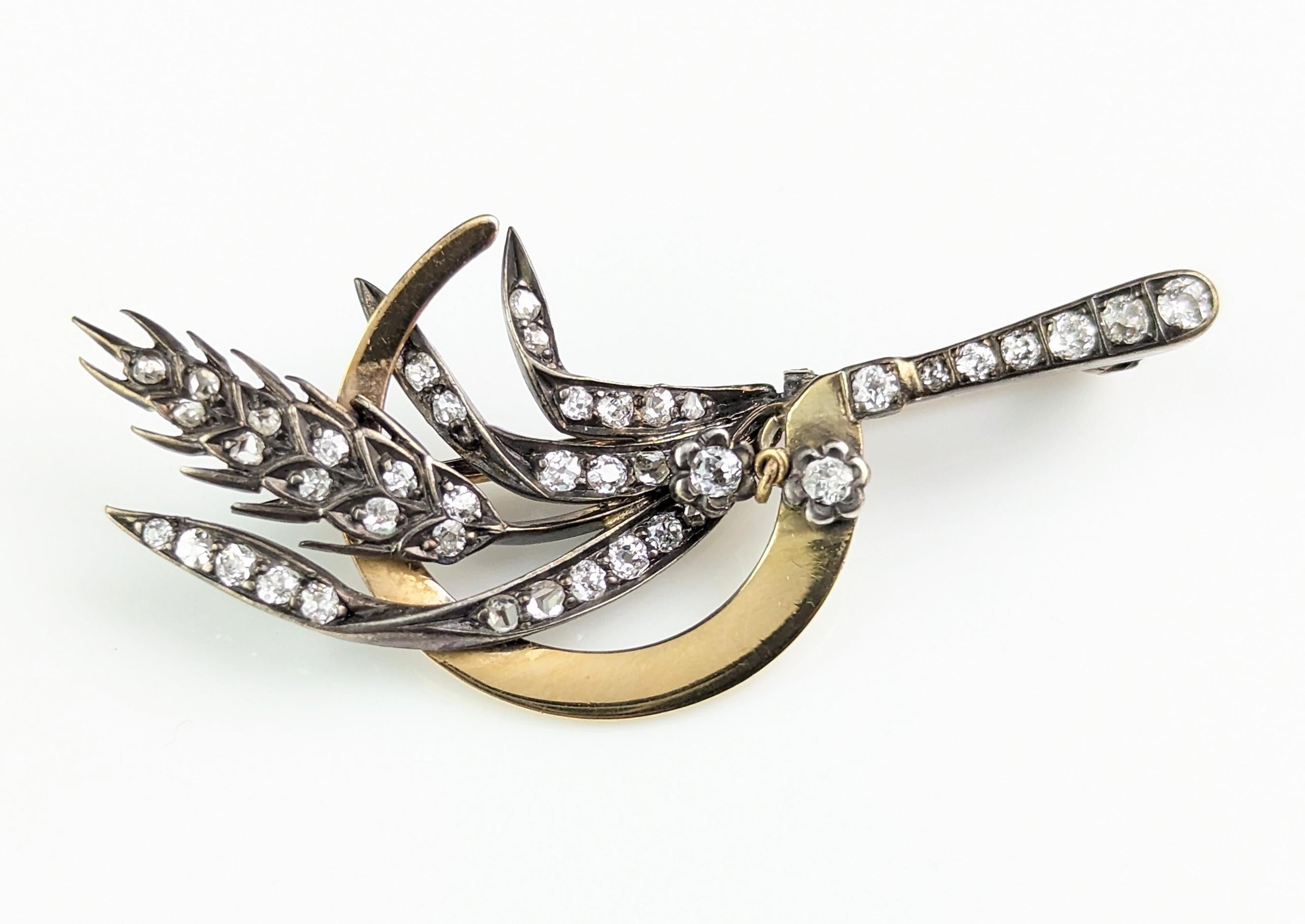 Antique Diamond Sickle and Wheat brooch, 9k gold and silver, Victorian  For Sale 4