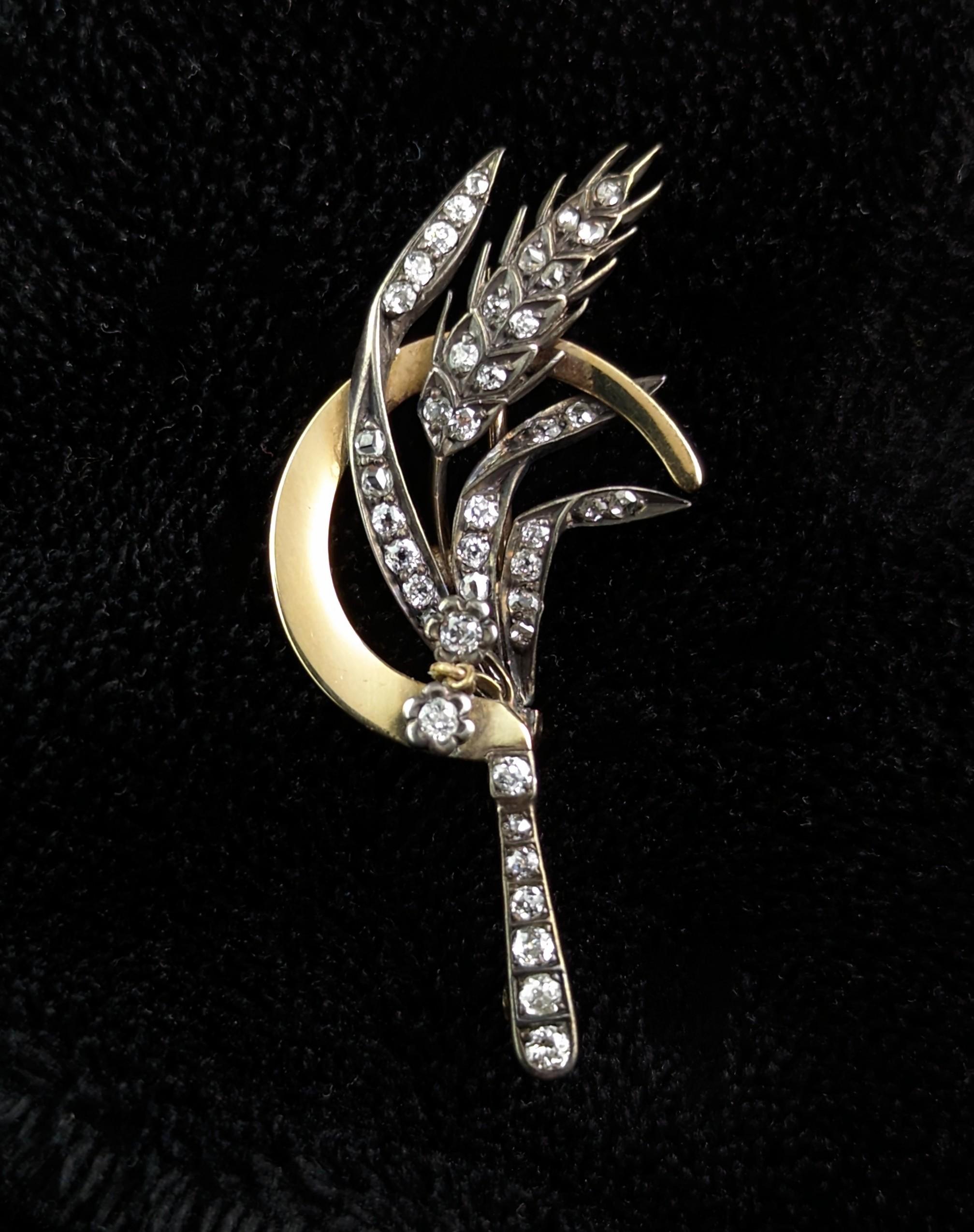 Rose Cut Antique Diamond Sickle and Wheat brooch, 9k gold and silver, Victorian  For Sale