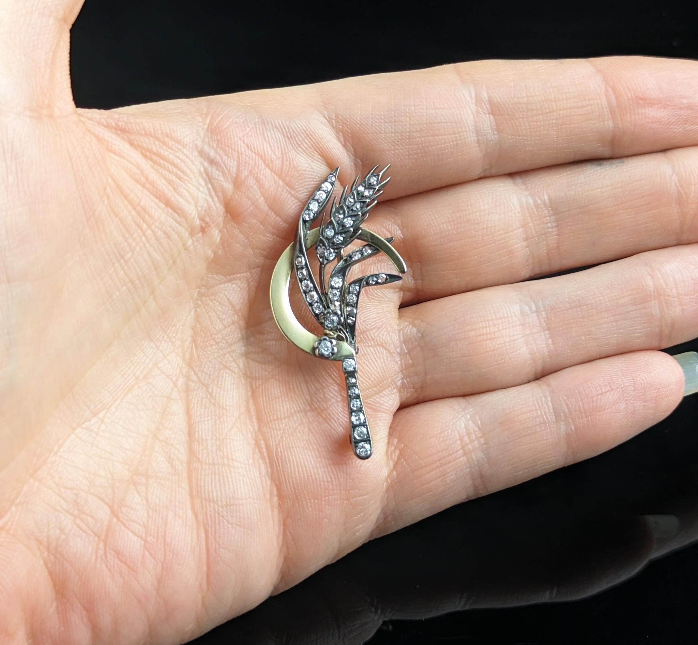 Antique Diamond Sickle and Wheat brooch, 9k gold and silver, Victorian In Good Condition For Sale In NEWARK, GB