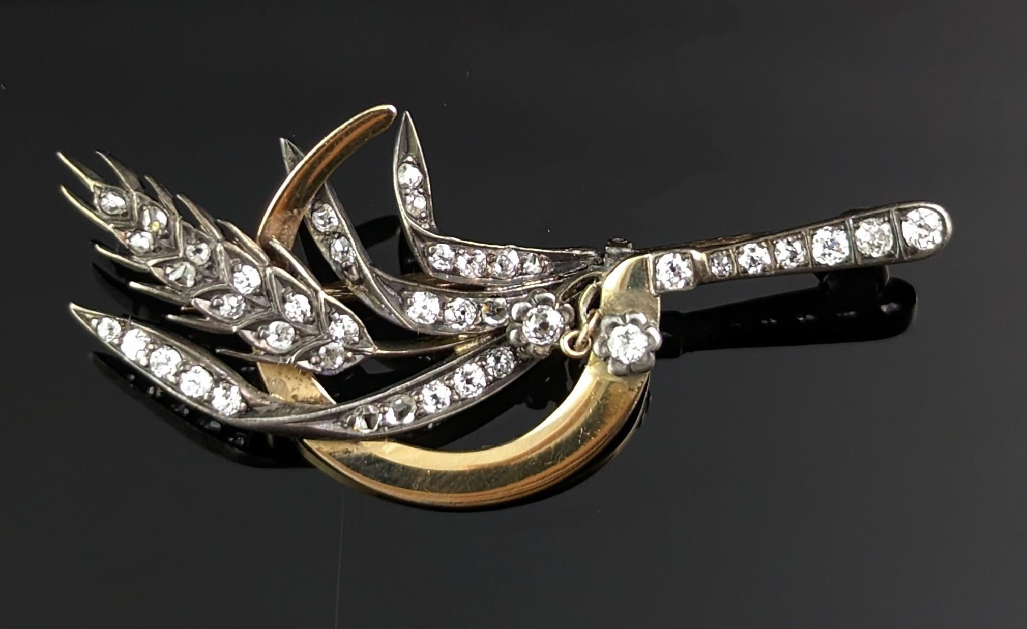 Antique Diamond Sickle and Wheat brooch, 9k gold and silver, Victorian  For Sale 1