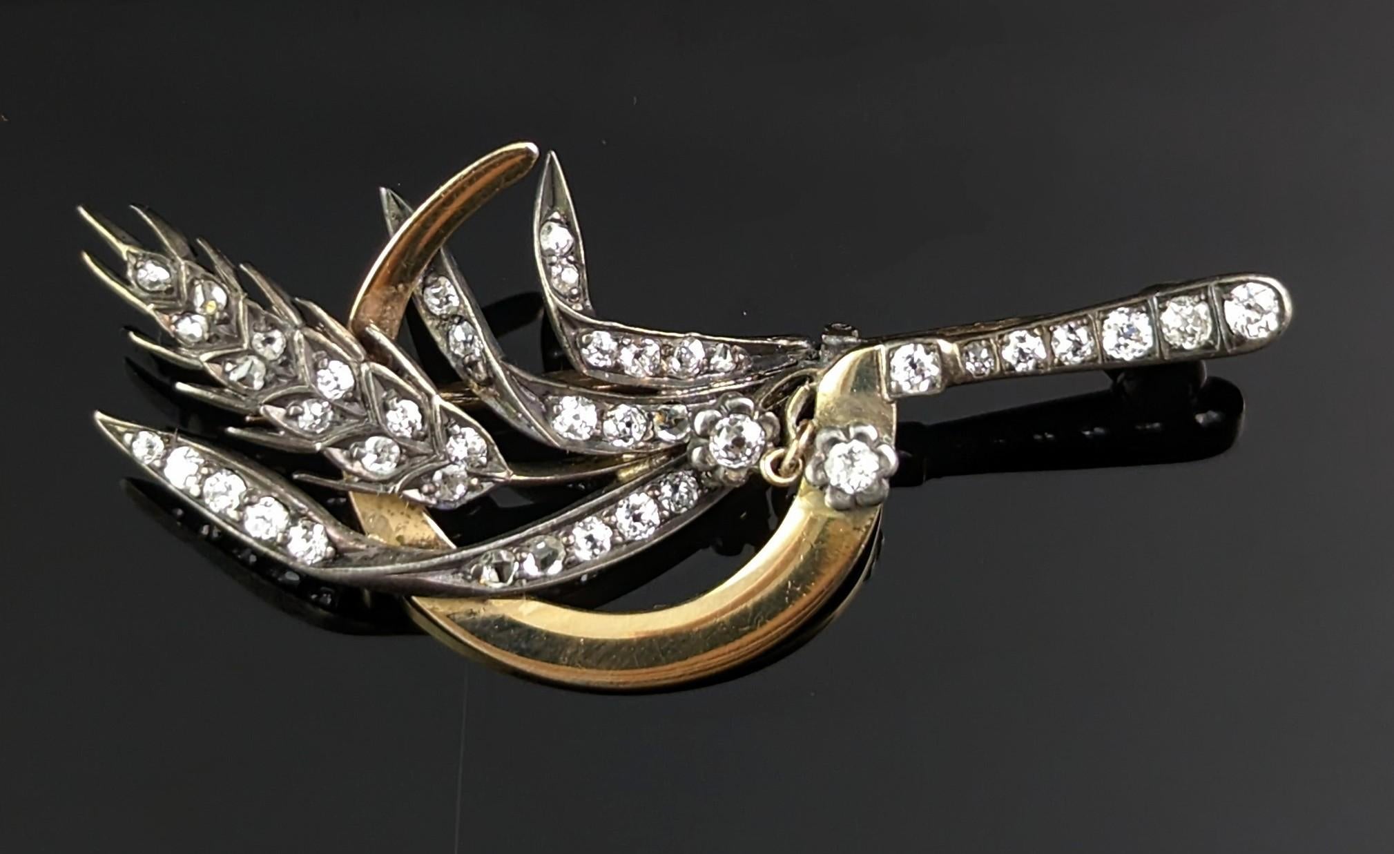 Antique Diamond Sickle and Wheat brooch, 9k gold and silver, Victorian For Sale 1