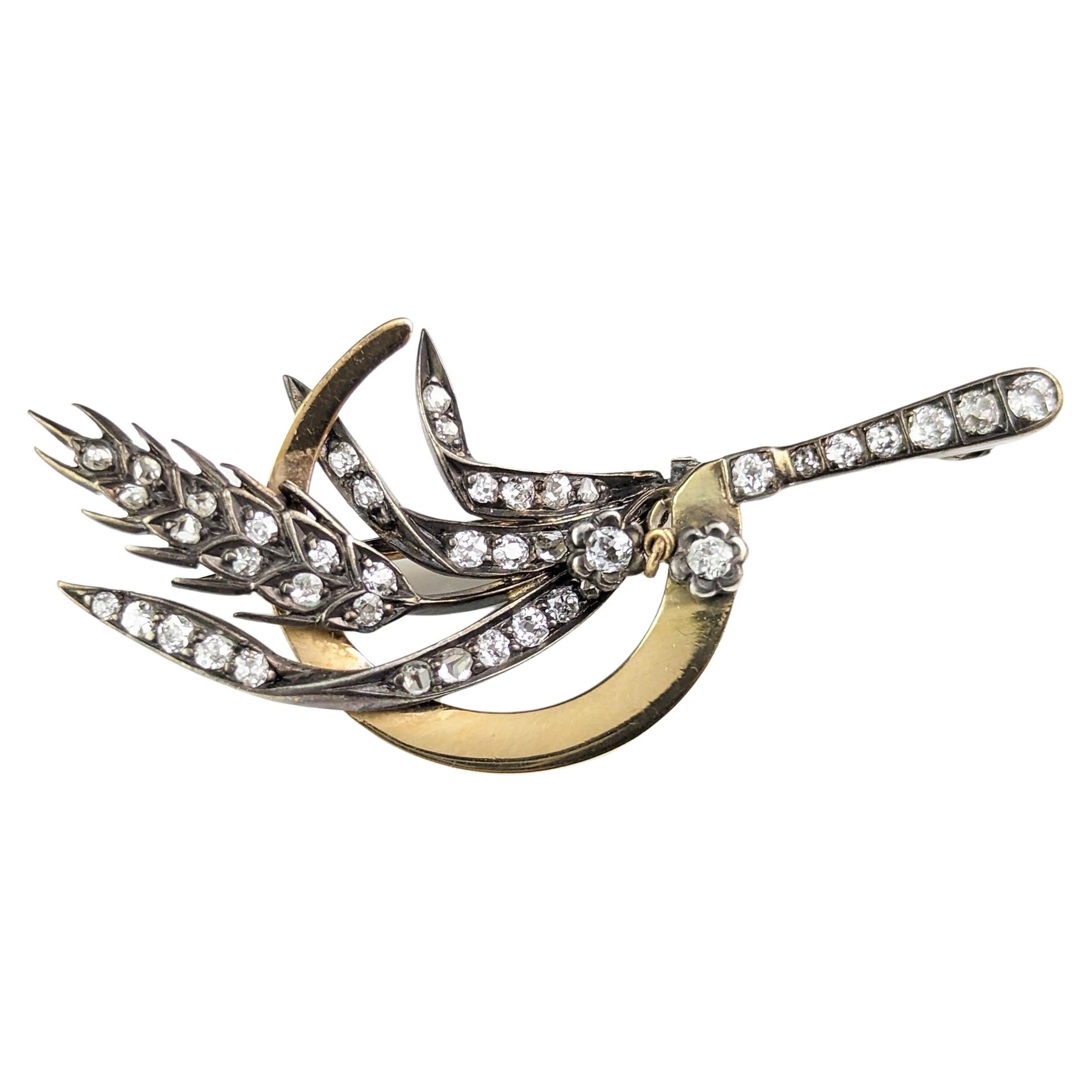 Antique Diamond Sickle and Wheat brooch, 9k gold and silver, Victorian  For Sale