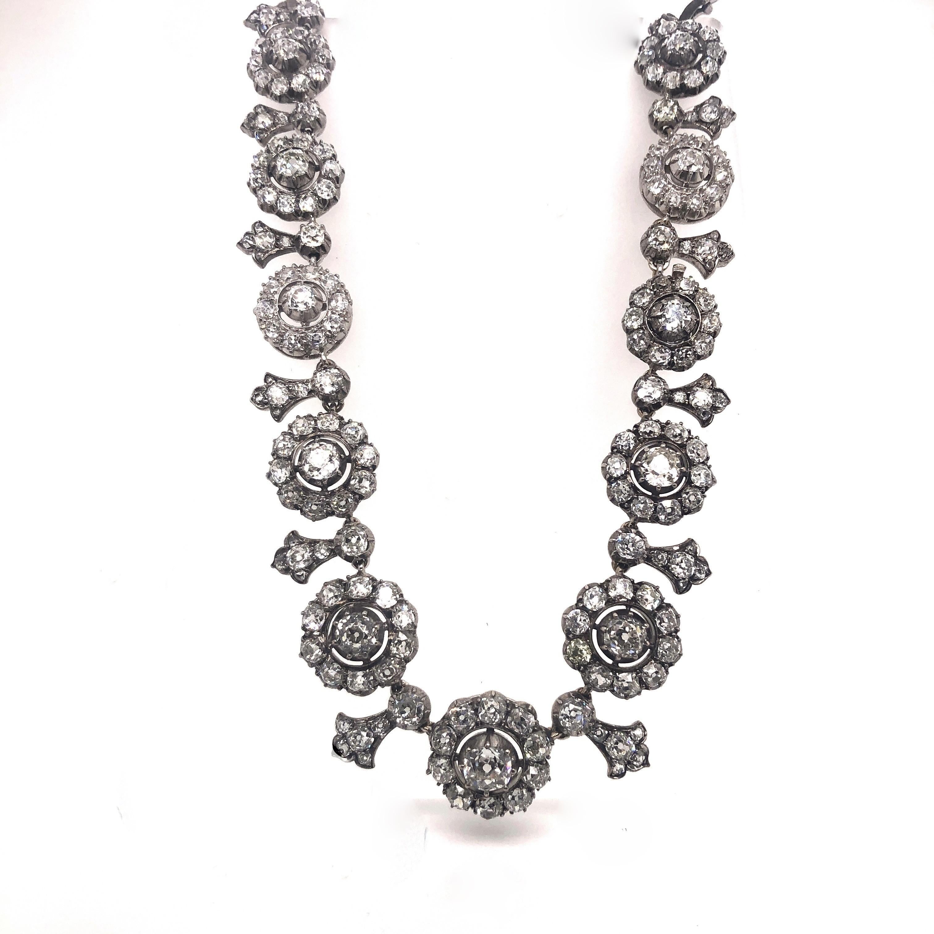 Victorian Antique Diamond, Silver and Gold Cluster Tiara Necklace, 27.00 Carats