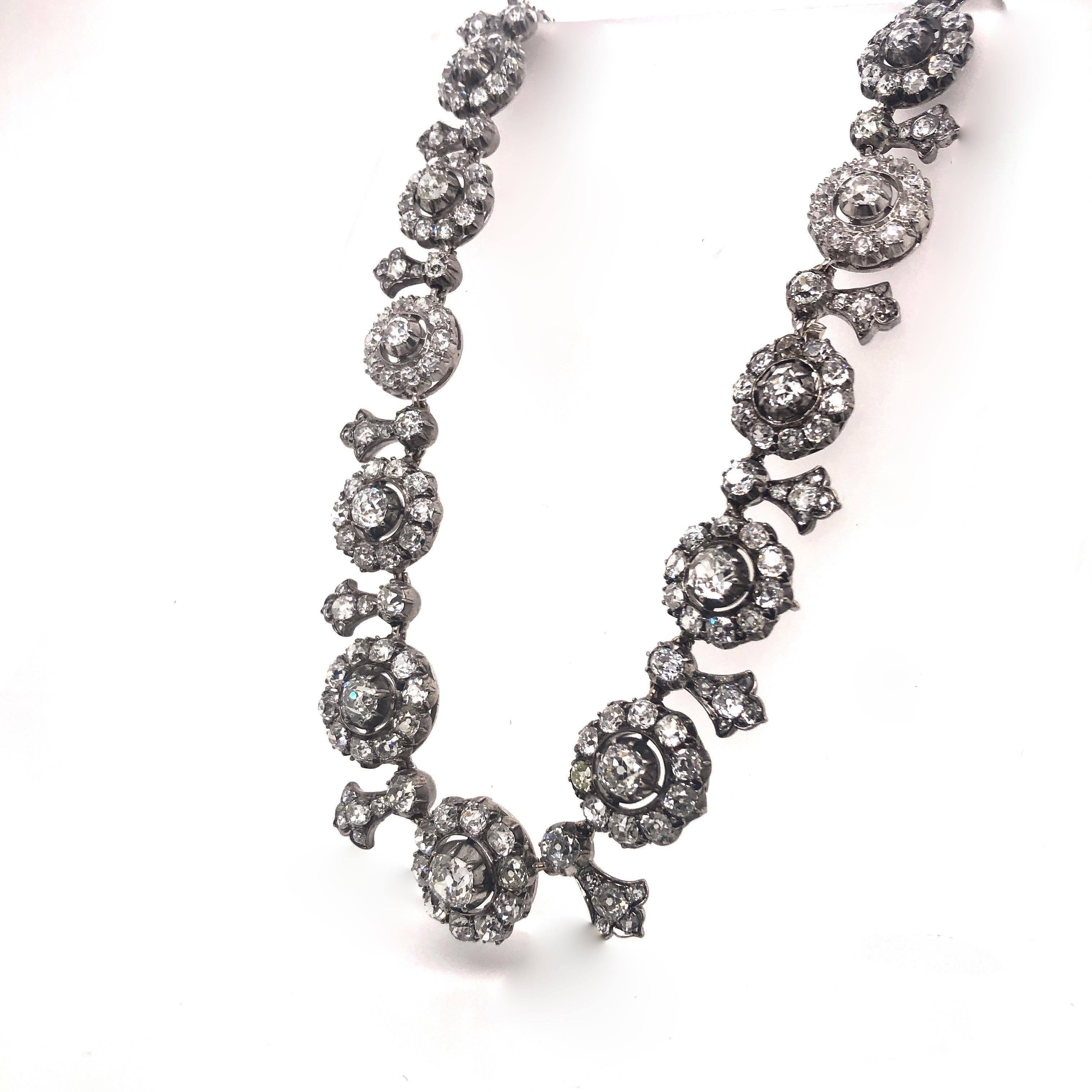 Old Mine Cut Antique Diamond, Silver and Gold Cluster Tiara Necklace, 27.00 Carats