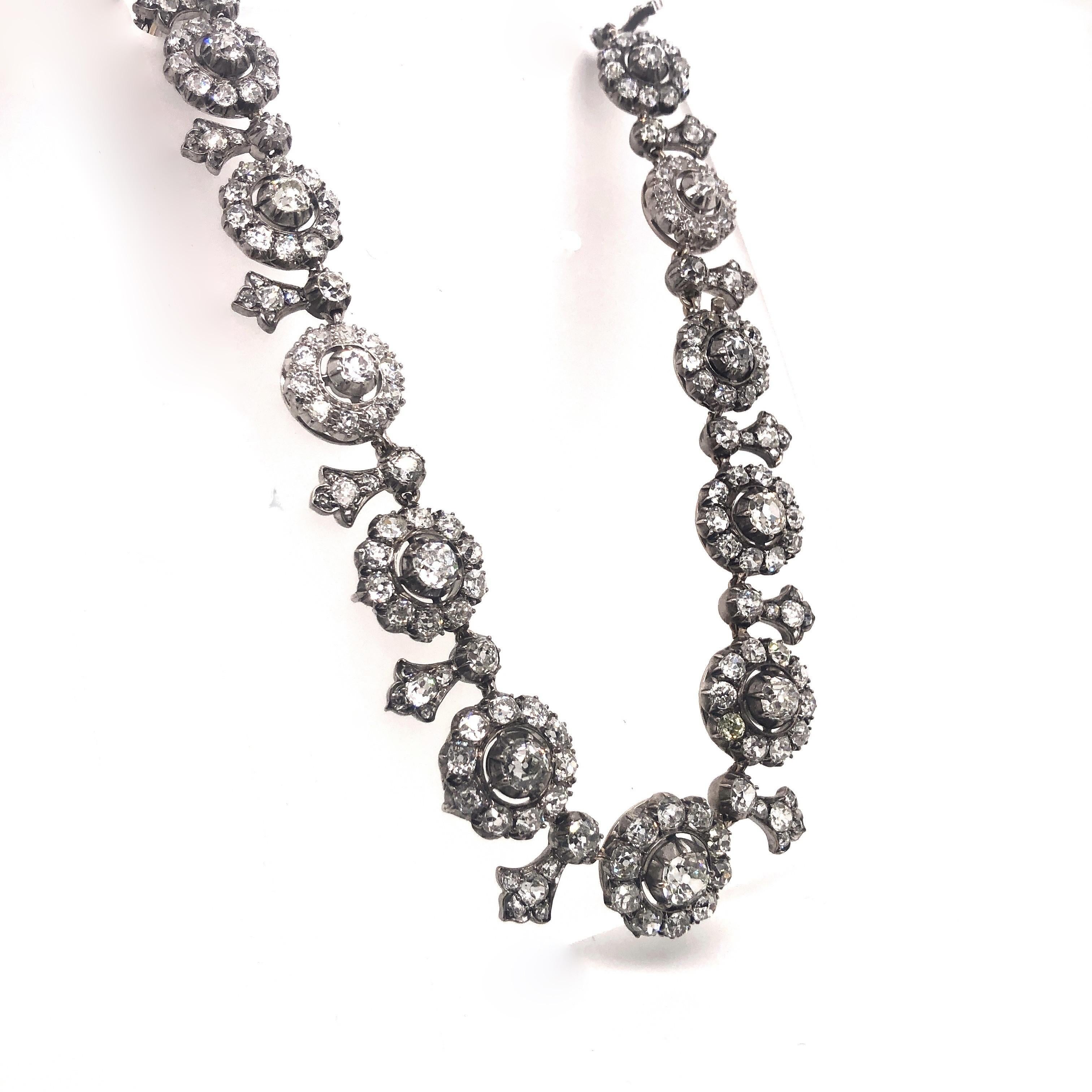 Antique Diamond, Silver and Gold Cluster Tiara Necklace, 27.00 Carats In Good Condition In London, GB