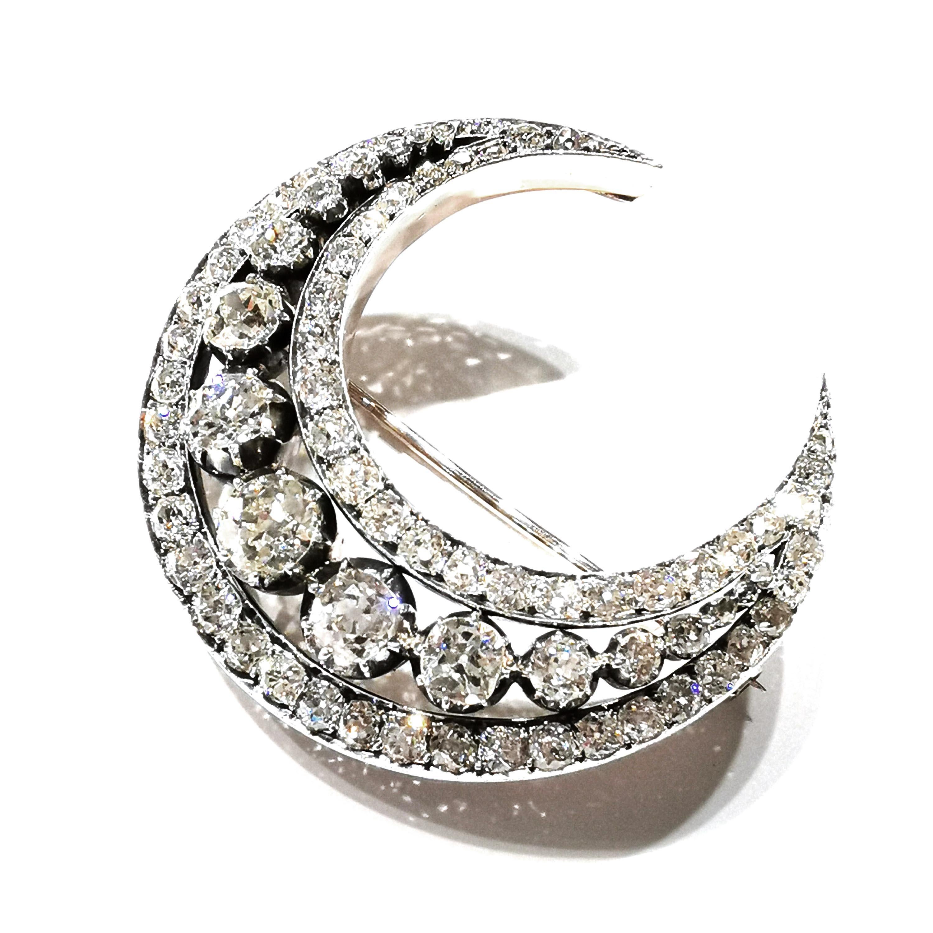 Women's or Men's Antique Diamond Silver and Gold Crescent Brooch, circa 1890, 8.55 Carats