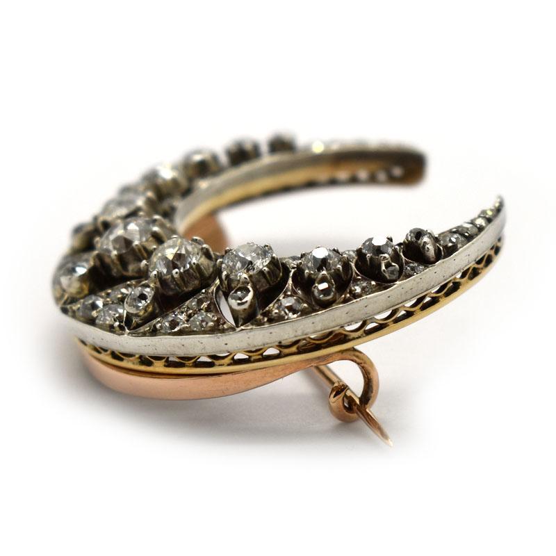 Victorian Antique Diamond Silver and Gold Crescent Brooch, Circa 1890