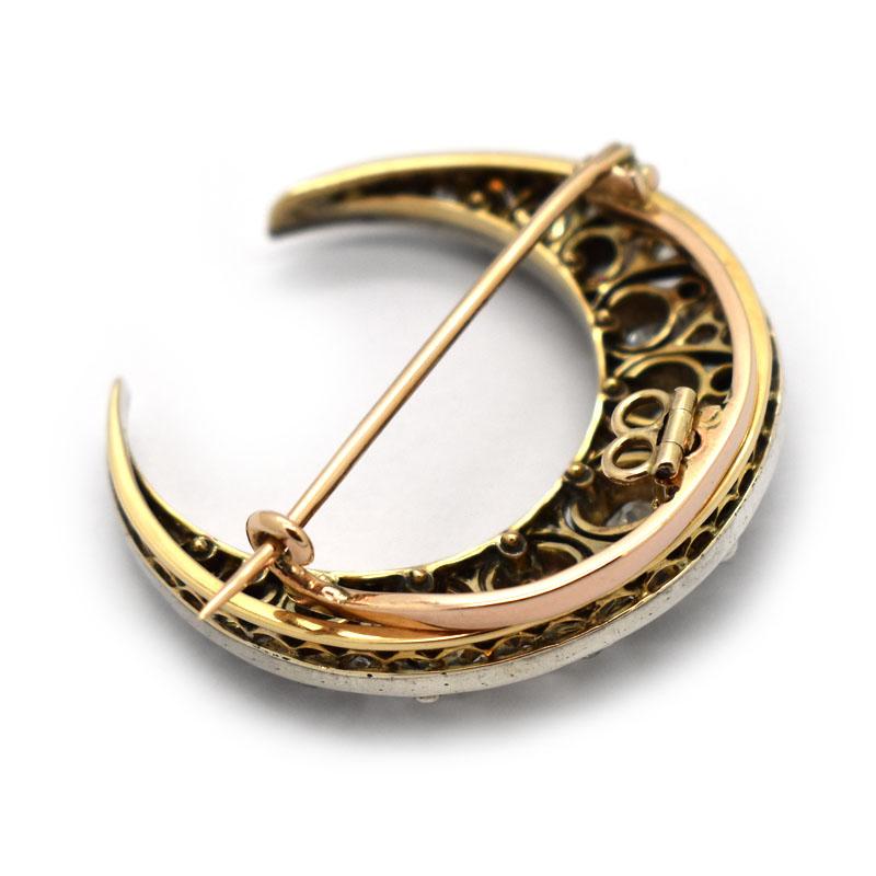 Antique Diamond Silver and Gold Crescent Brooch, Circa 1890 In Good Condition In London, GB
