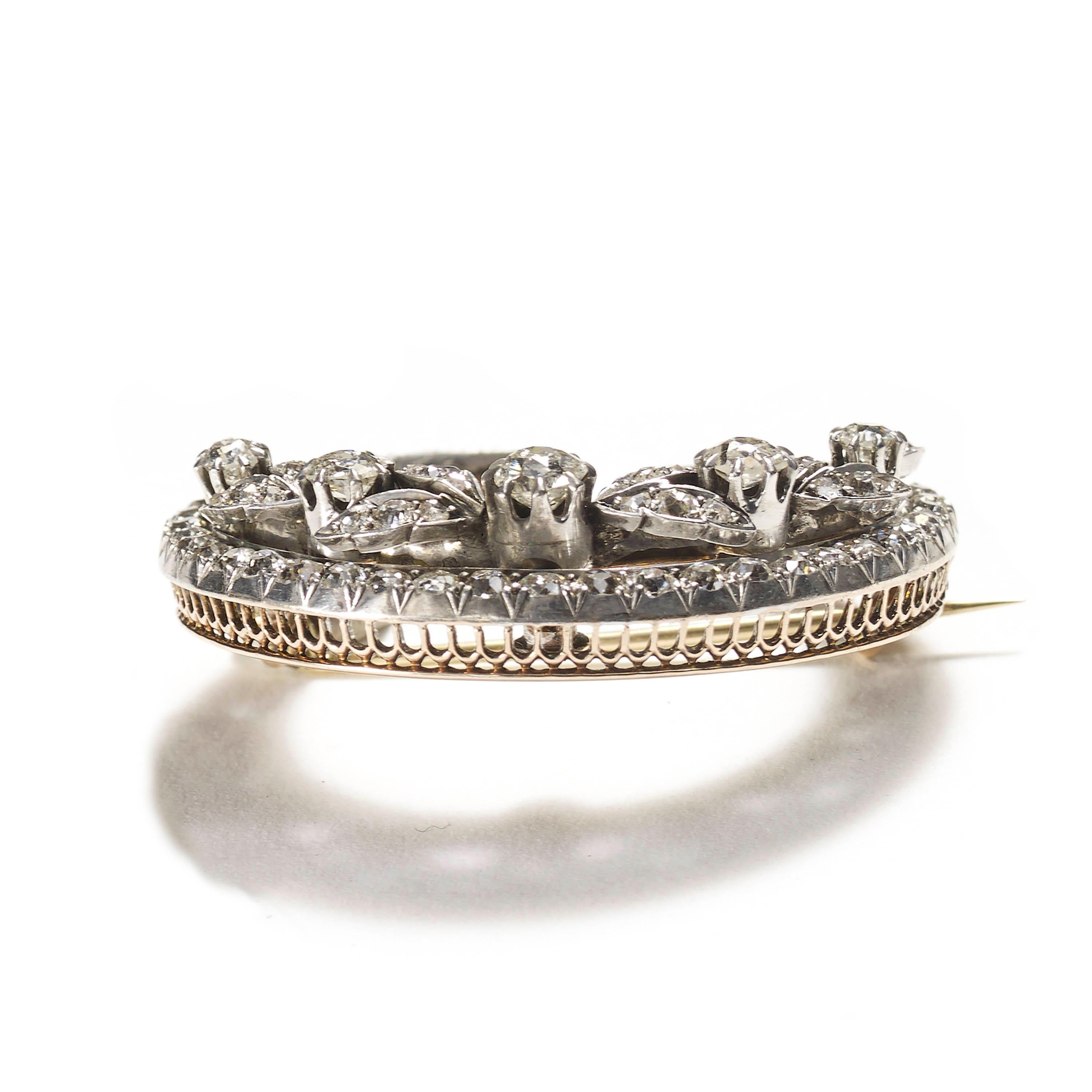 Antike Diamant-, Silber- und Goldsichelbrosche, um 1900 (Viktorianisch) im Angebot