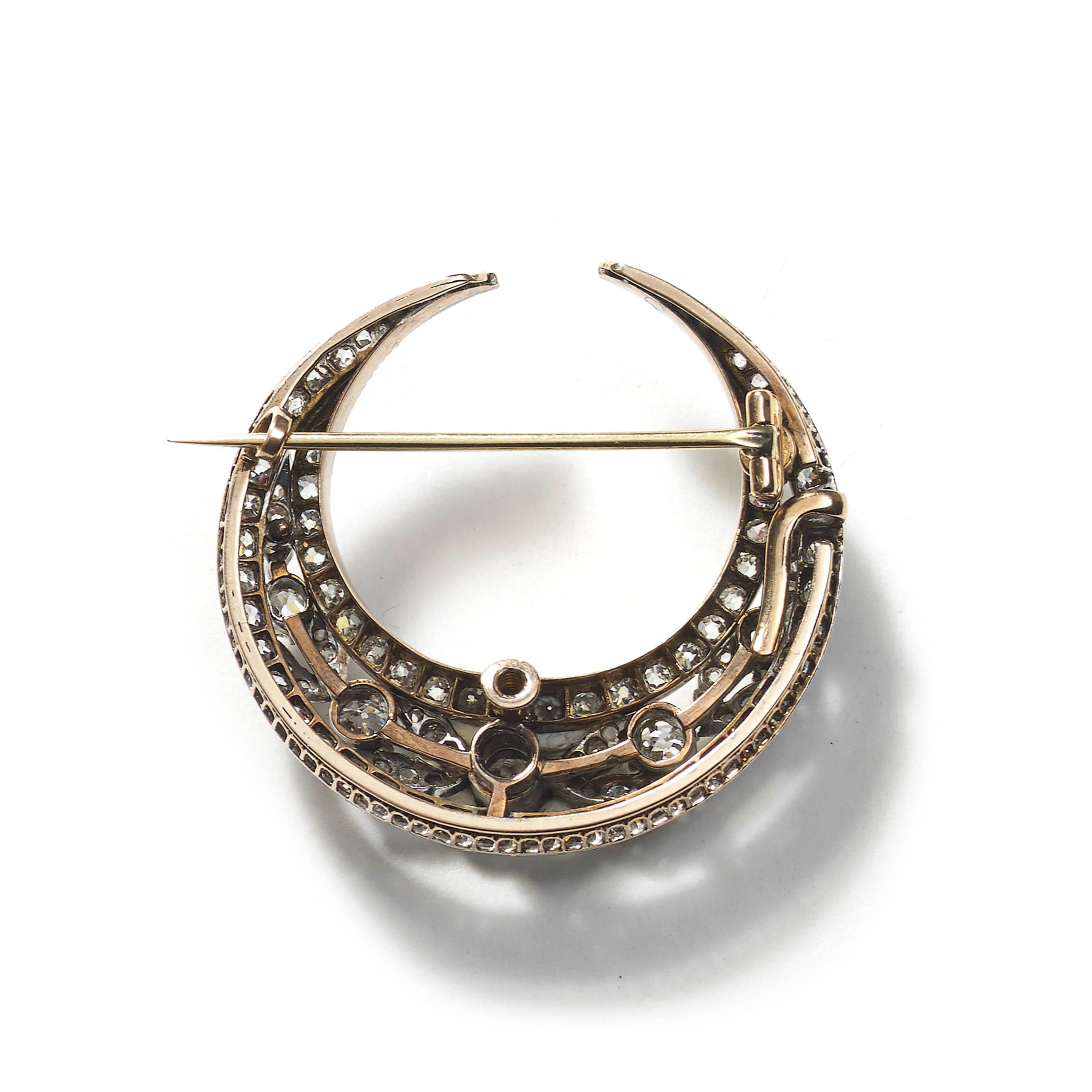 Old Mine Cut Antique Diamond, Silver and Gold Crescent Brooch, circa 1900 For Sale