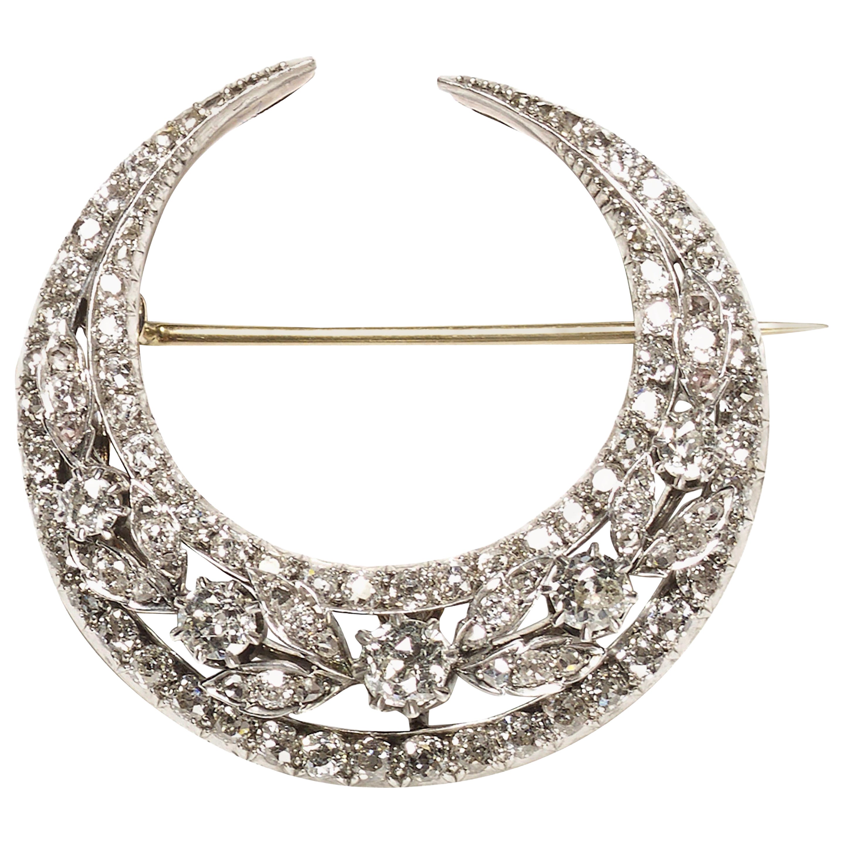 Antique Diamond, Silver and Gold Crescent Brooch, circa 1900
